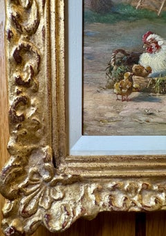 Early 20th century Chicken with Chicks on a next in a farm Yard landscape