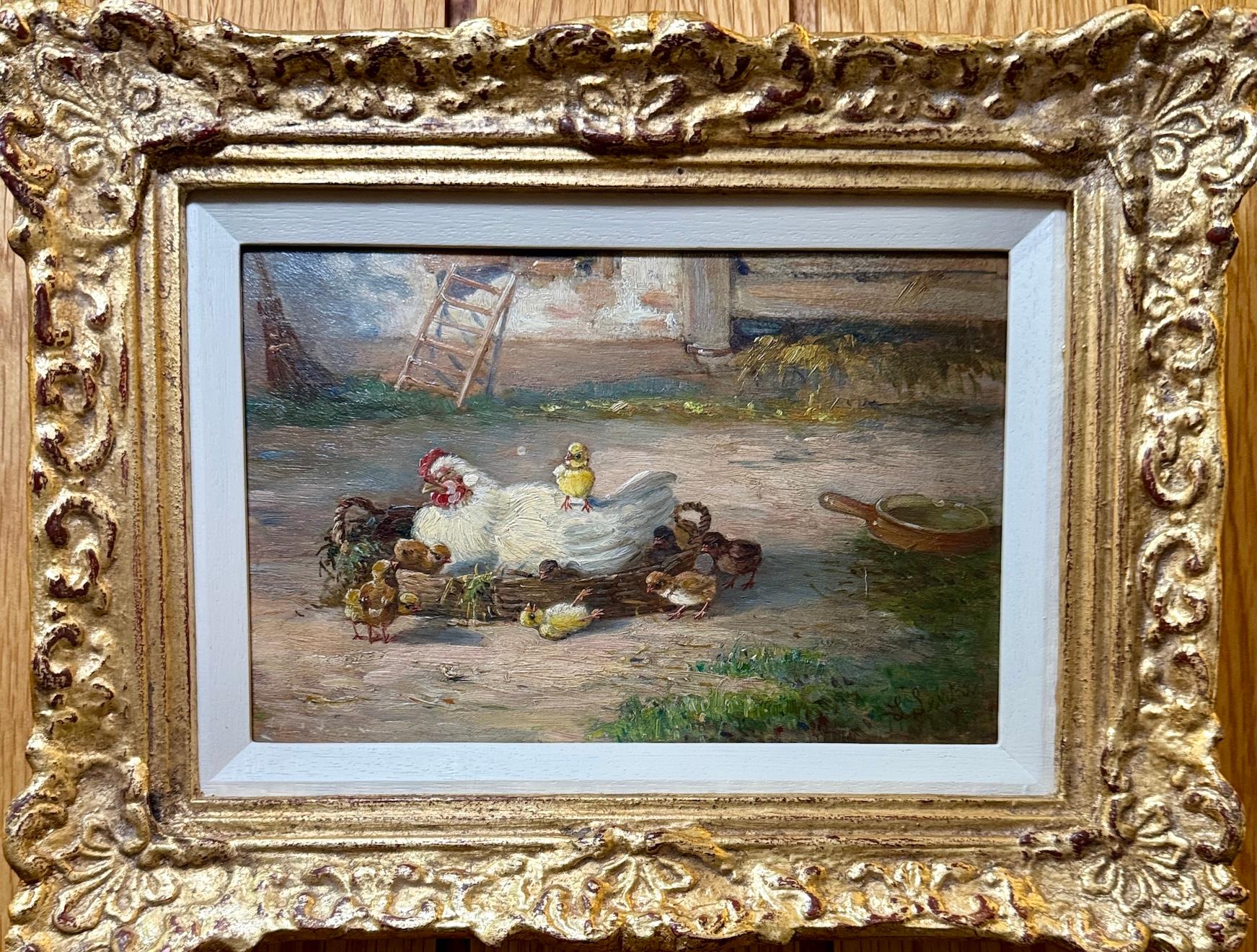 Louise Lenka Figurative Painting - Early 20th century Chicken with Chicks on a next in a farm Yard landscape