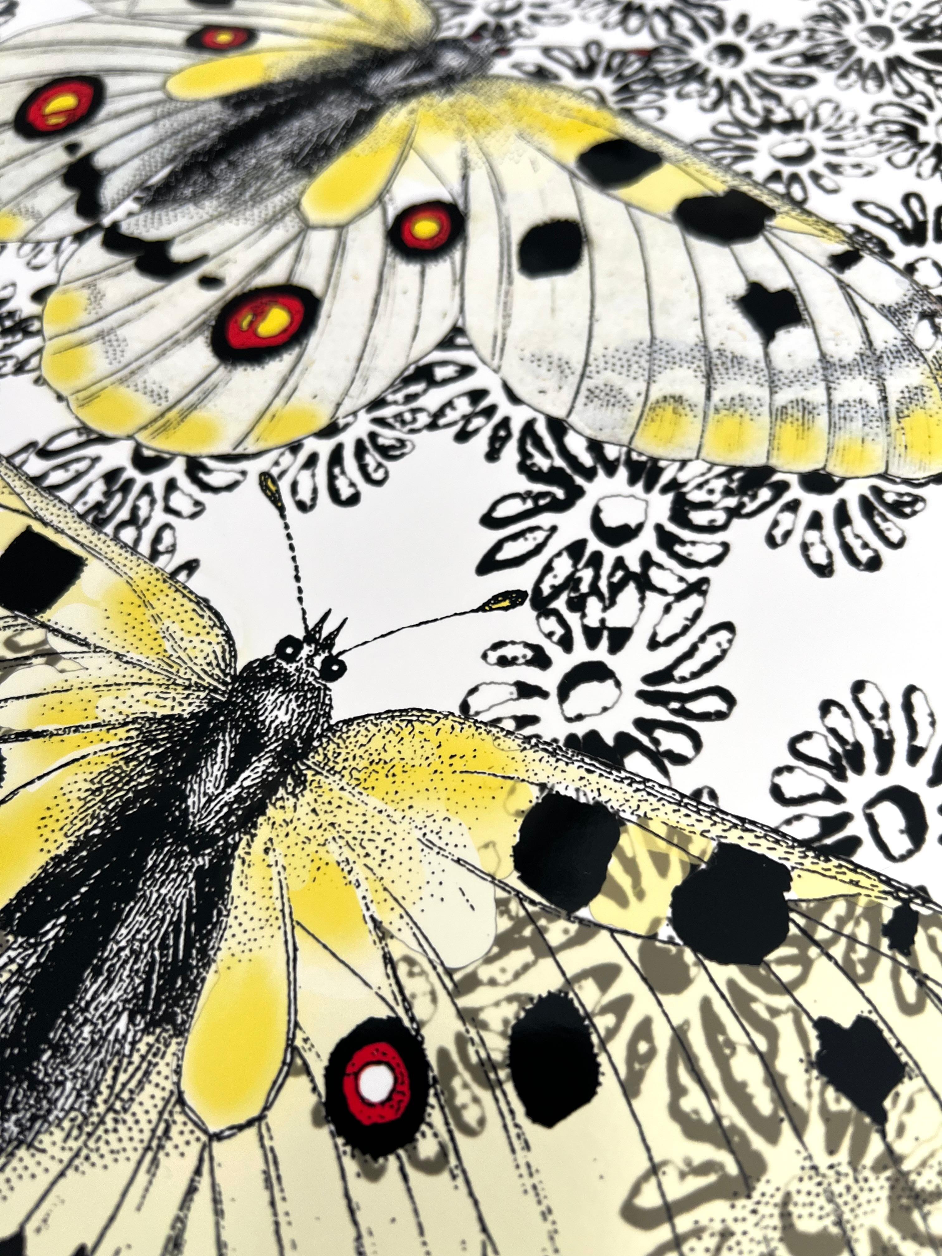 Butterflies and Daisies (Cut-out, Collage, Black & White, Patterns, Organic) - Modern Print by Louise Marler
