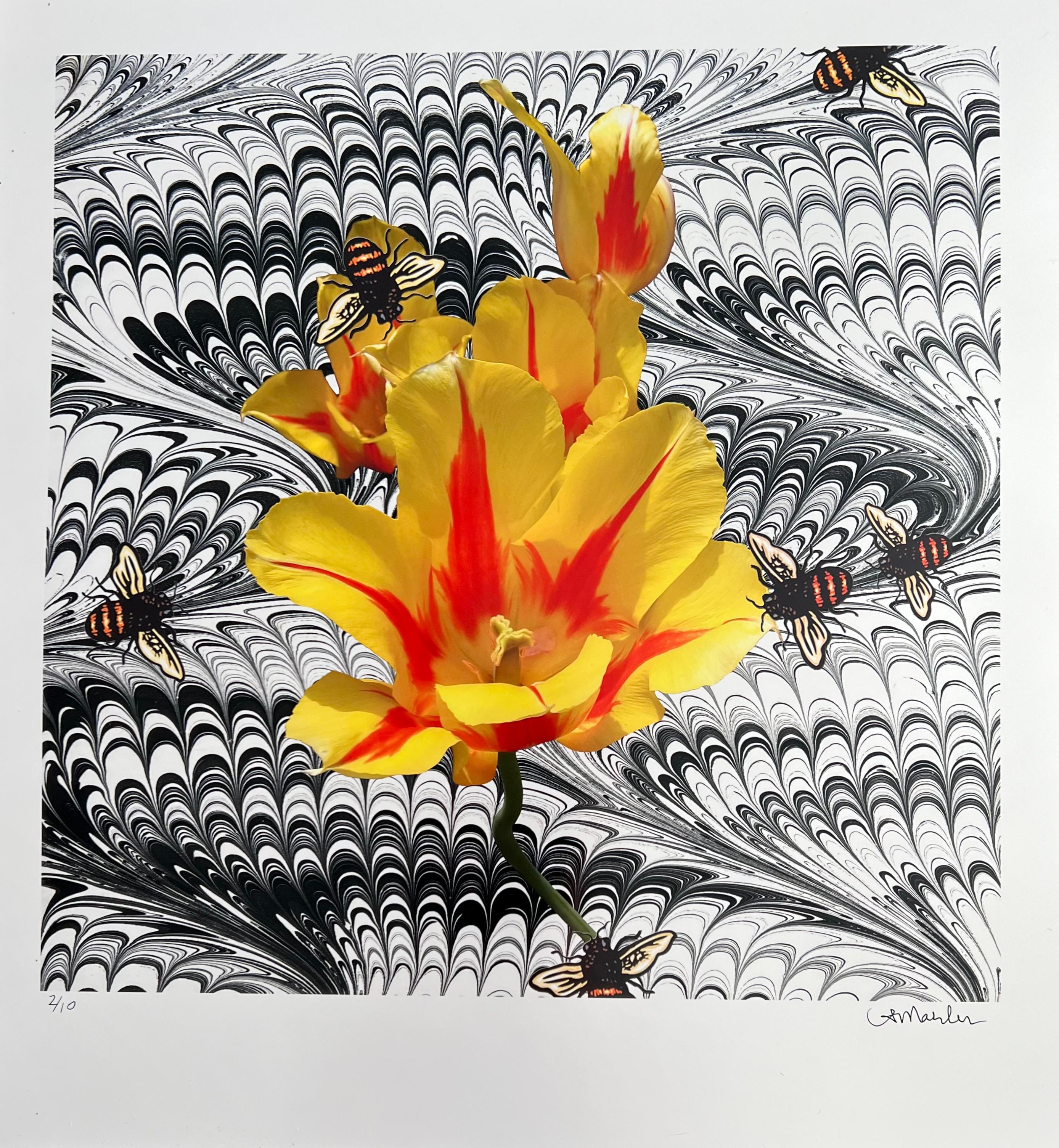 Tulip and Bees (Cut-out, Collage, Black & White, Patterns, Negative Space) - Print by Louise Marler