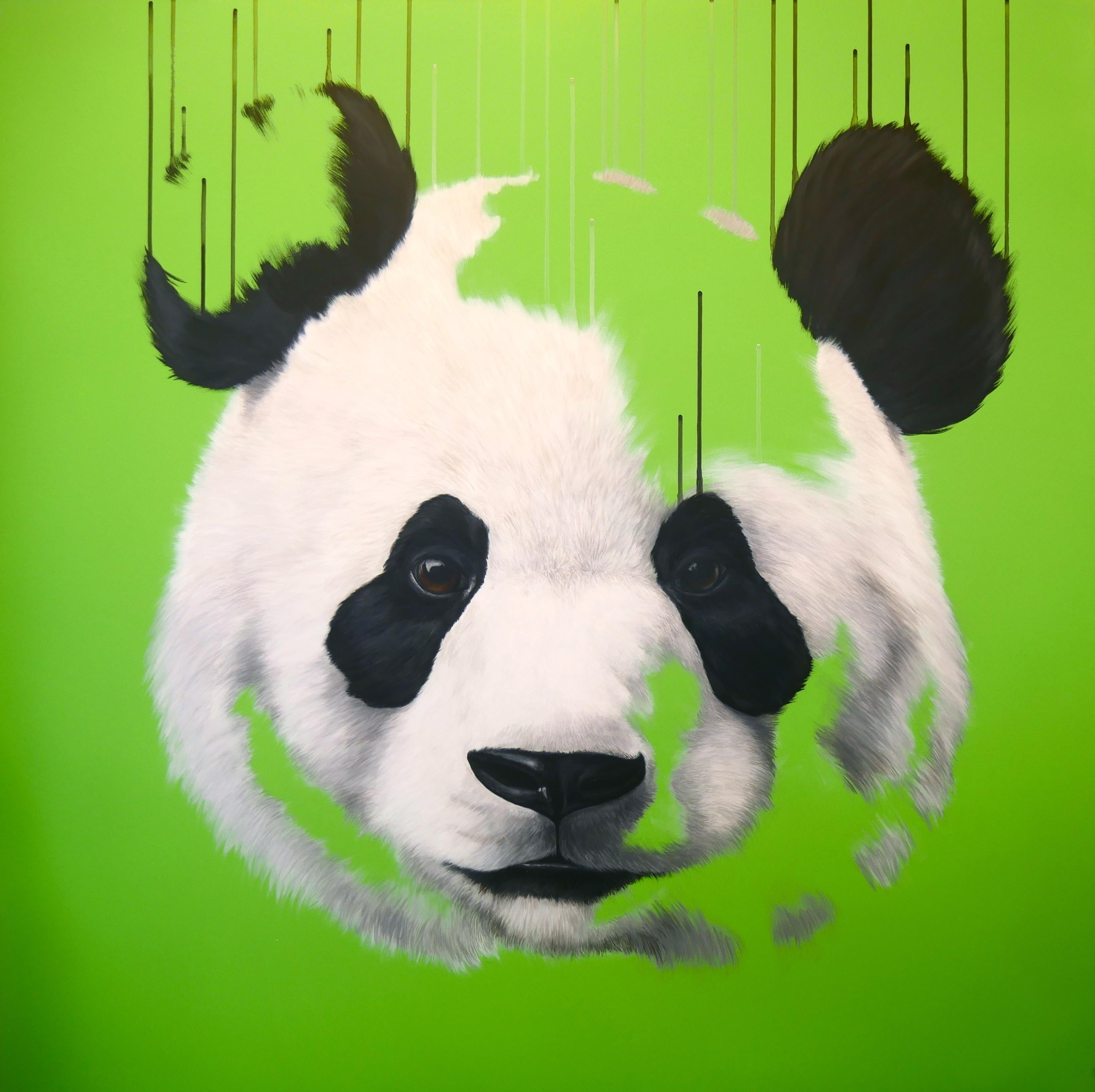 Louise McNaught Animal Painting – Pop Panda - Oil, Acrylic, Spray Paint, Deep Canvas, Surrealist, Nature, Modern