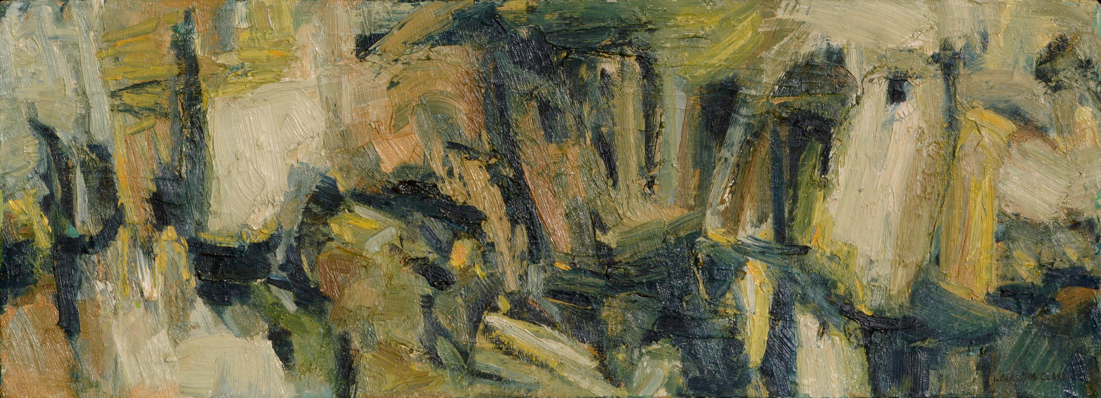 Cliff Dwellings - Green Abstract Landscape Mesa Verde  - Painting by Louise Miller Clark