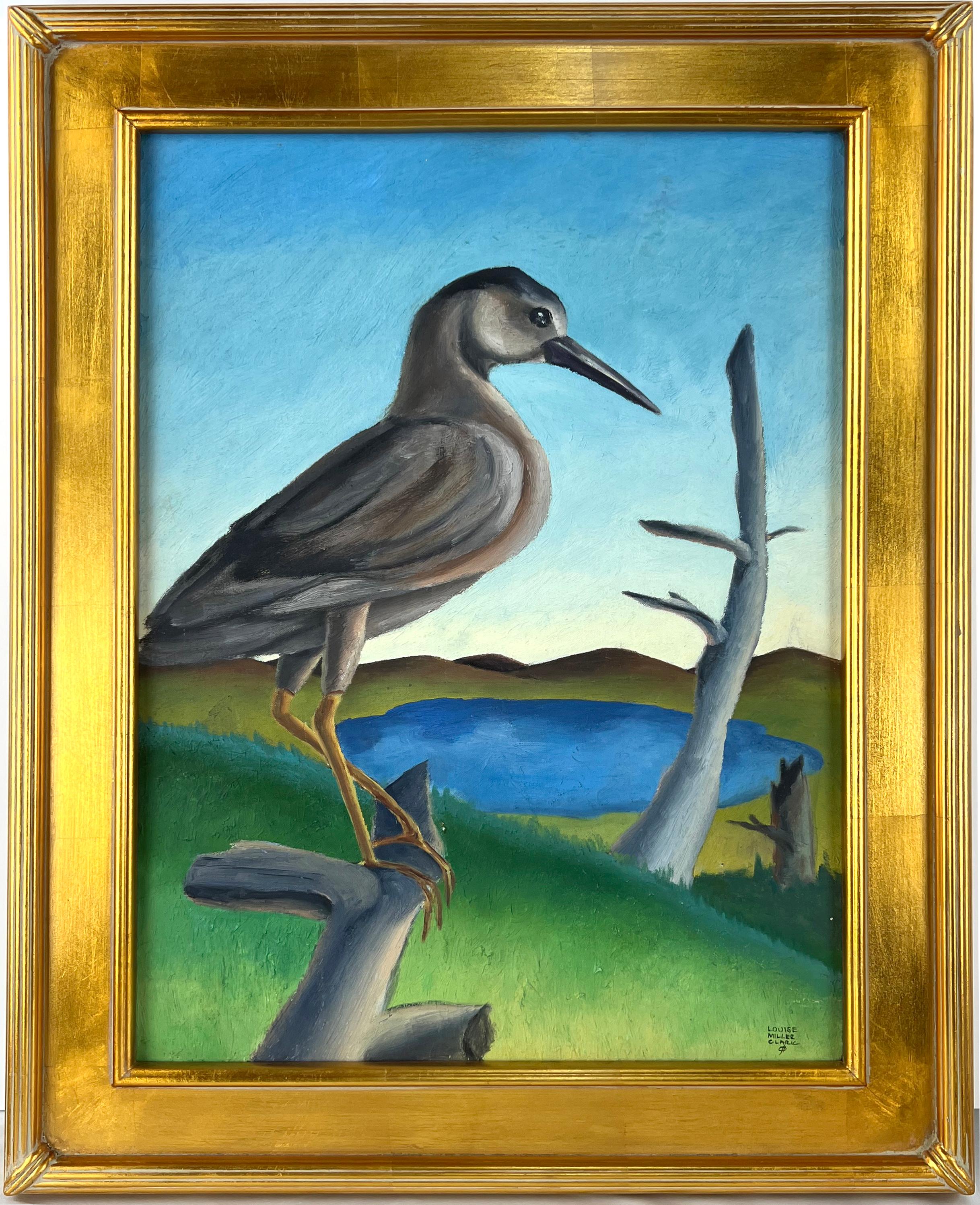 Louise Miller Clark Figurative Painting - Mid Century Modern Shore Bird and Lake