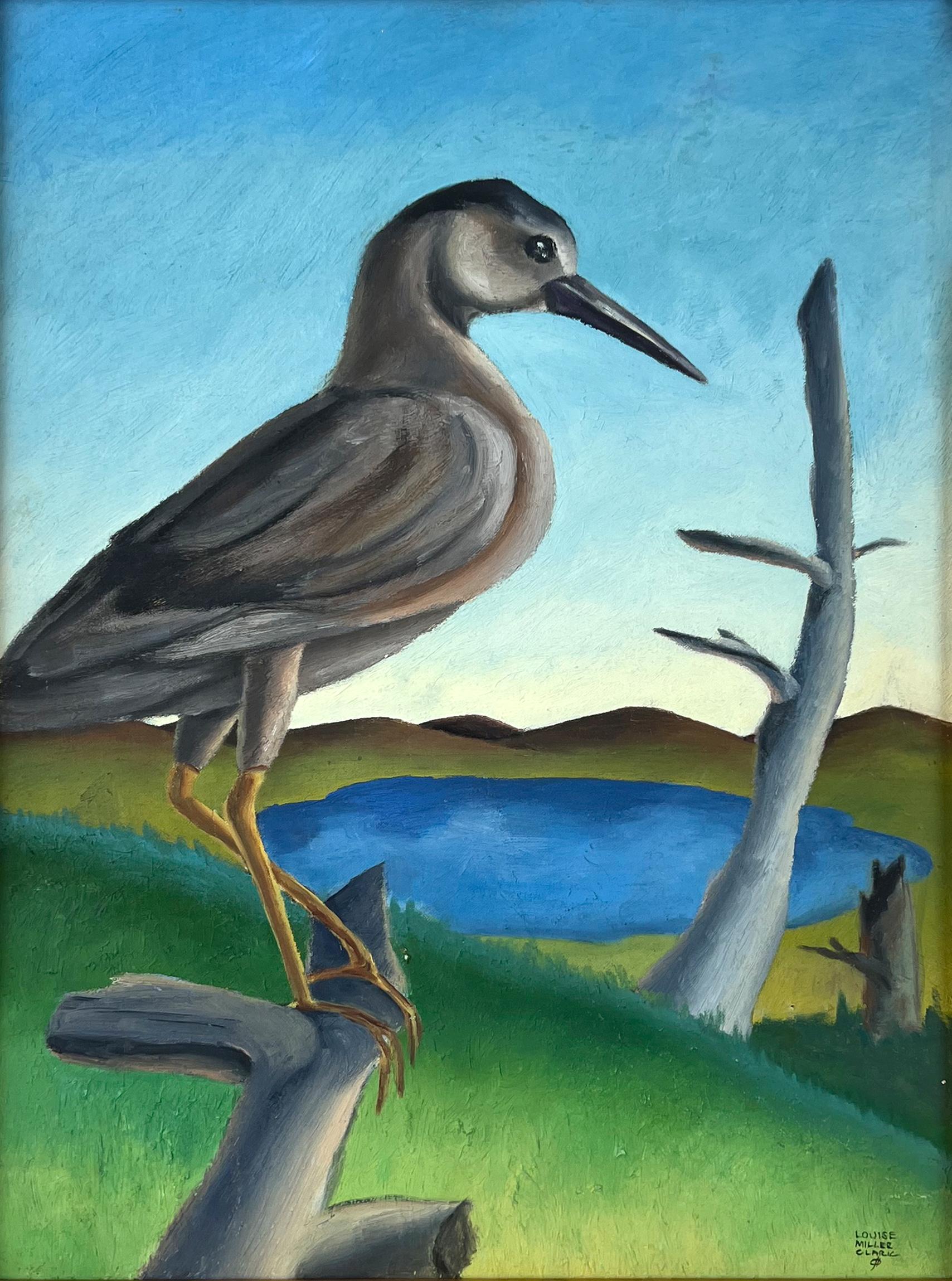 Mid Century Modern Shore Bird and Lake - Painting by Louise Miller Clark
