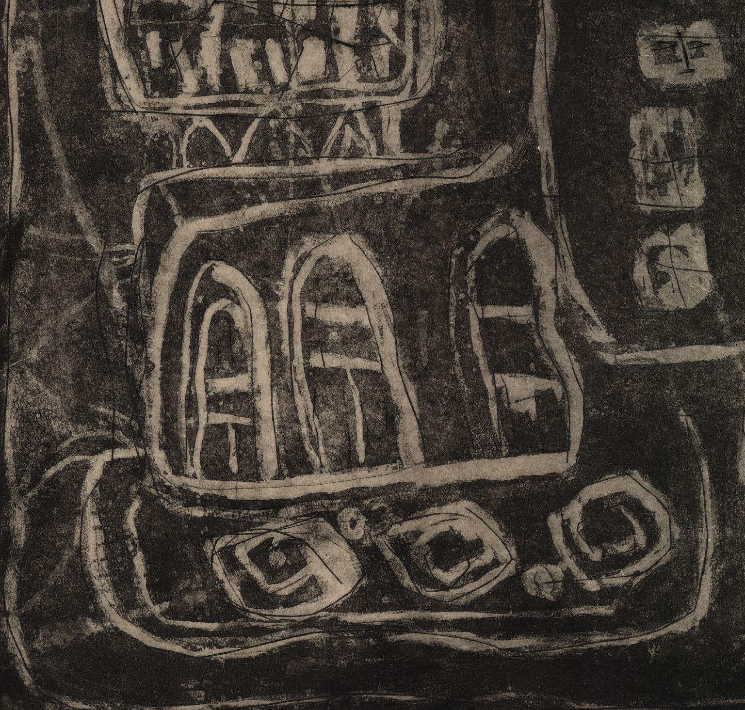 Louise Nevelson created the etching and aquatint entitled “CIRCUS WAGON” in 1953. This scarce EARLY impression was printed in an edition of 20.   The image size is 15 x 17 5/8 inches (38 x 44.7 cm).  The paper size is 18 ½ x 20 15/16 inches (47.2 x