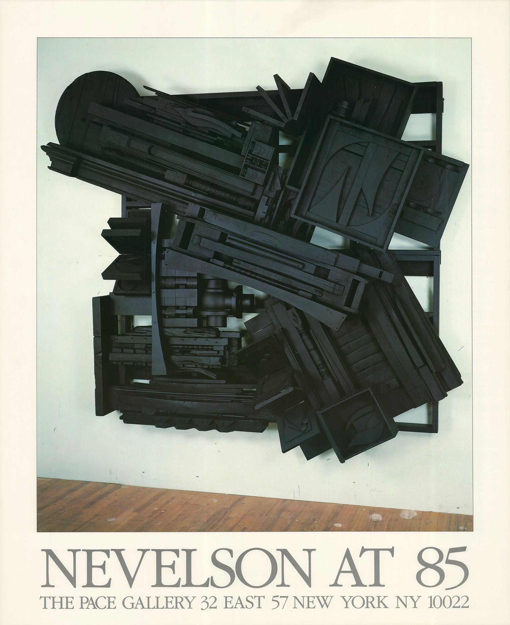 Original exhibition poster created for Nevelson at 85, celebrating Louise Nevelson’s landmark 1985 show at The Pace Gallery in New York. Featuring one of her iconic monochromatic wall assemblages, the poster highlights Nevelson’s signature