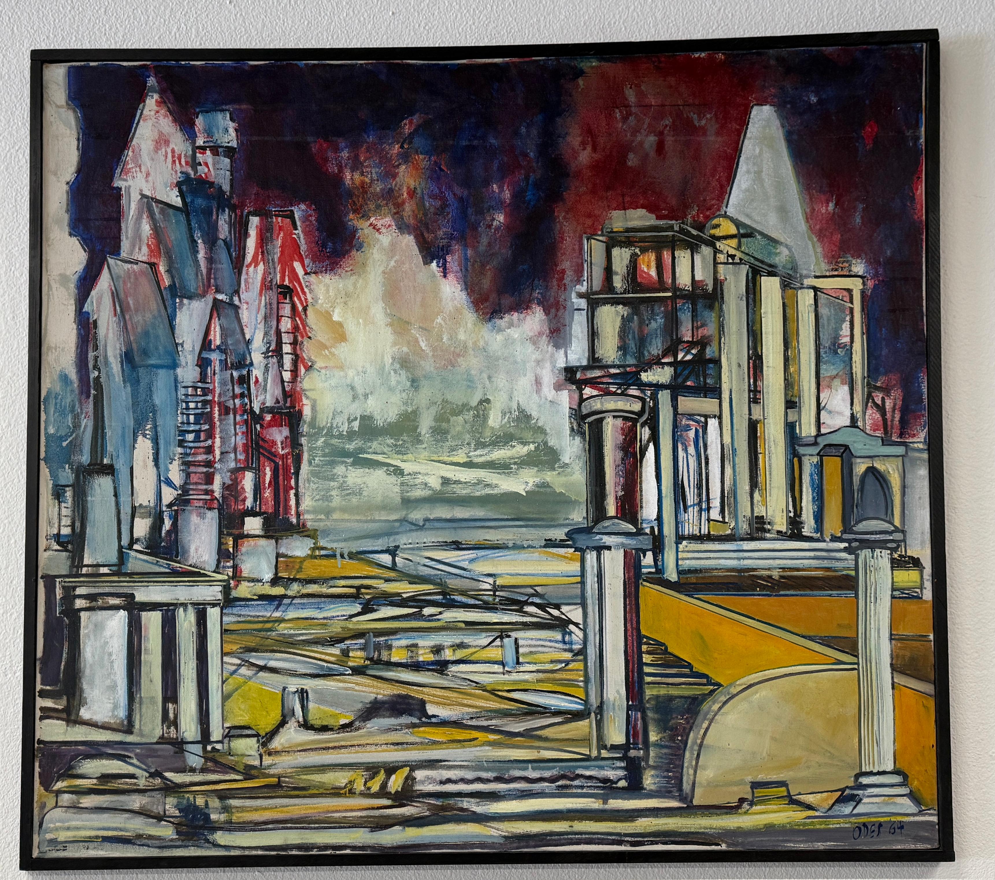 Un grande olio su tela a tema architettonico della nota artista Louise Odes Neaderland (nata nel 1932). Questo olio è firmato e datato 1964. Fa parte di una collezione di opere dell'artista che non si vedeva dai primi anni '70 e che è stata