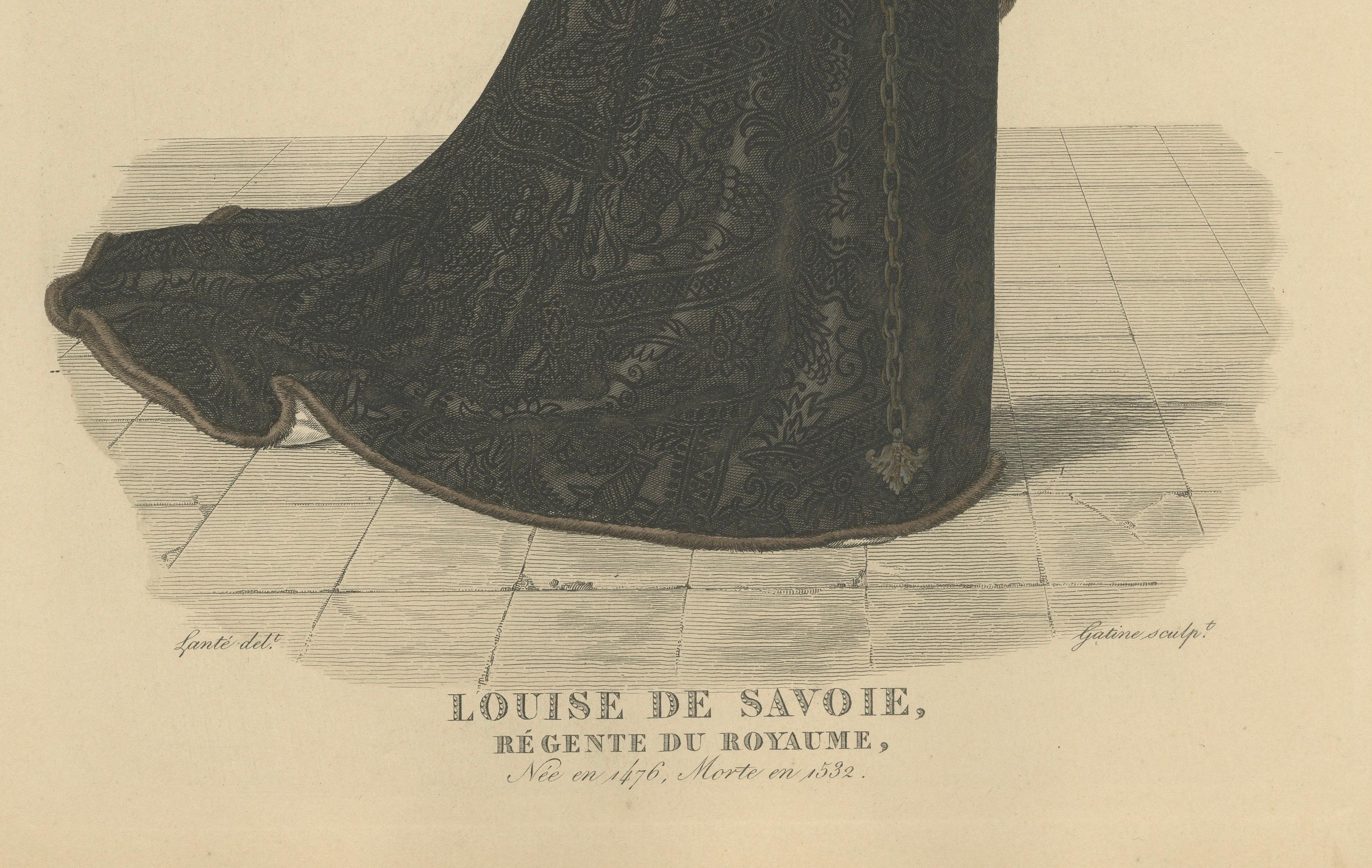 Louise von Savoyen, Regentin von Frankreich - Handkolorierter Kupferstich, um 1900

Eleganter handkolorierter Kupferstich von Louise von Savoyen (1476-1531), Herzogin von Angoulême und Mutter von König Franz I. von Frankreich. Sie trägt ein langes