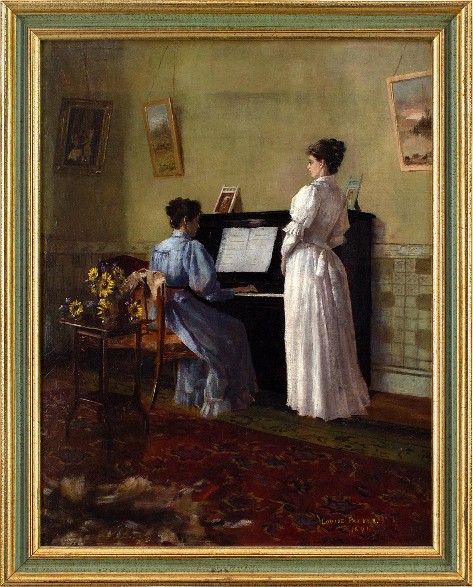 This late 19th-century oil painting by British artist Louise Parker (b. 1872) depicts a young lady singing while another plays the piano. It’s probably the artist’s sisters.

(Mary) Louise Parker was predominantly known for idyllic domestic genre