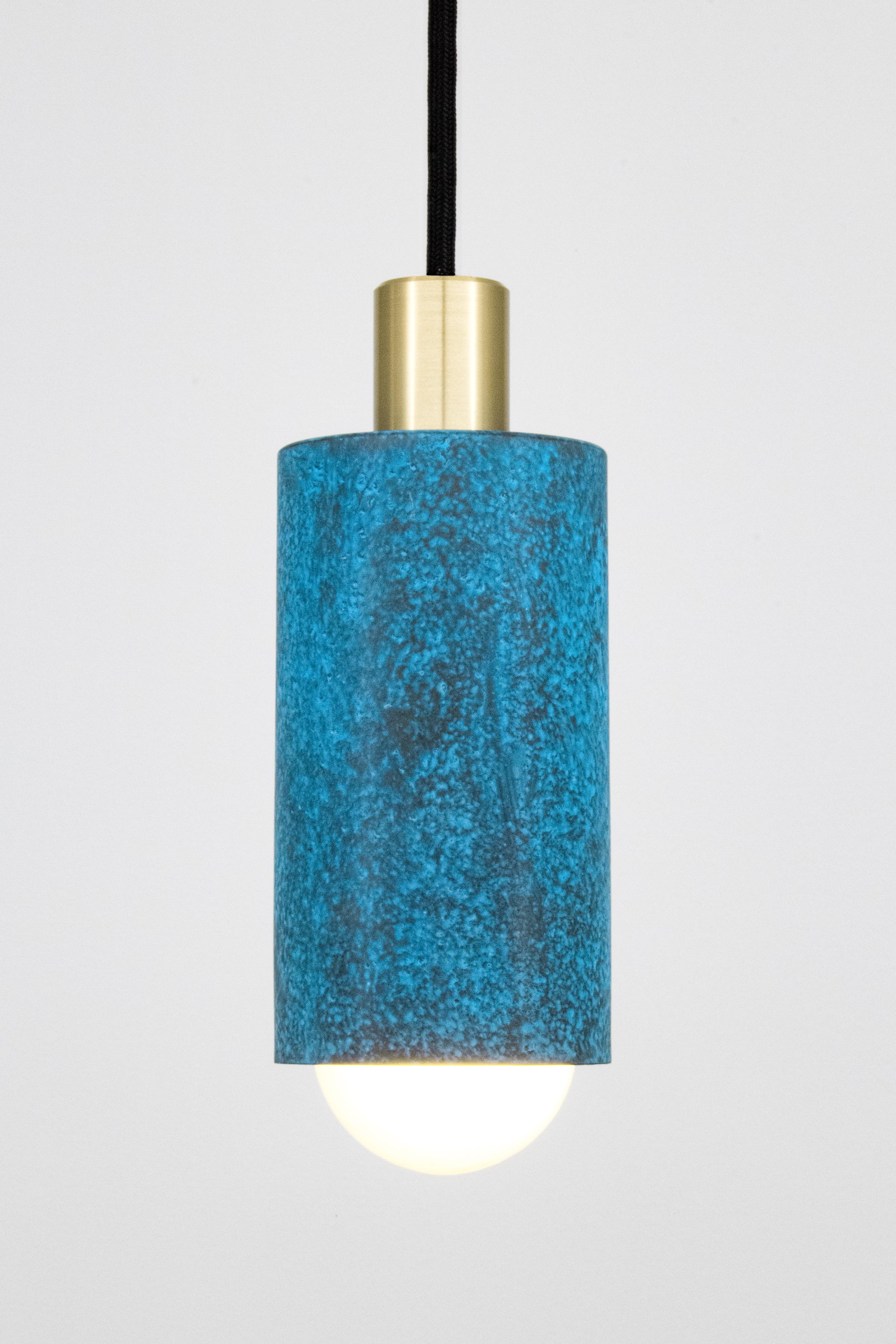 Hand-Crafted Louise Pendant Light with in Prussian Blue & Satin Brass, Hung with Swag w/ Plug For Sale
