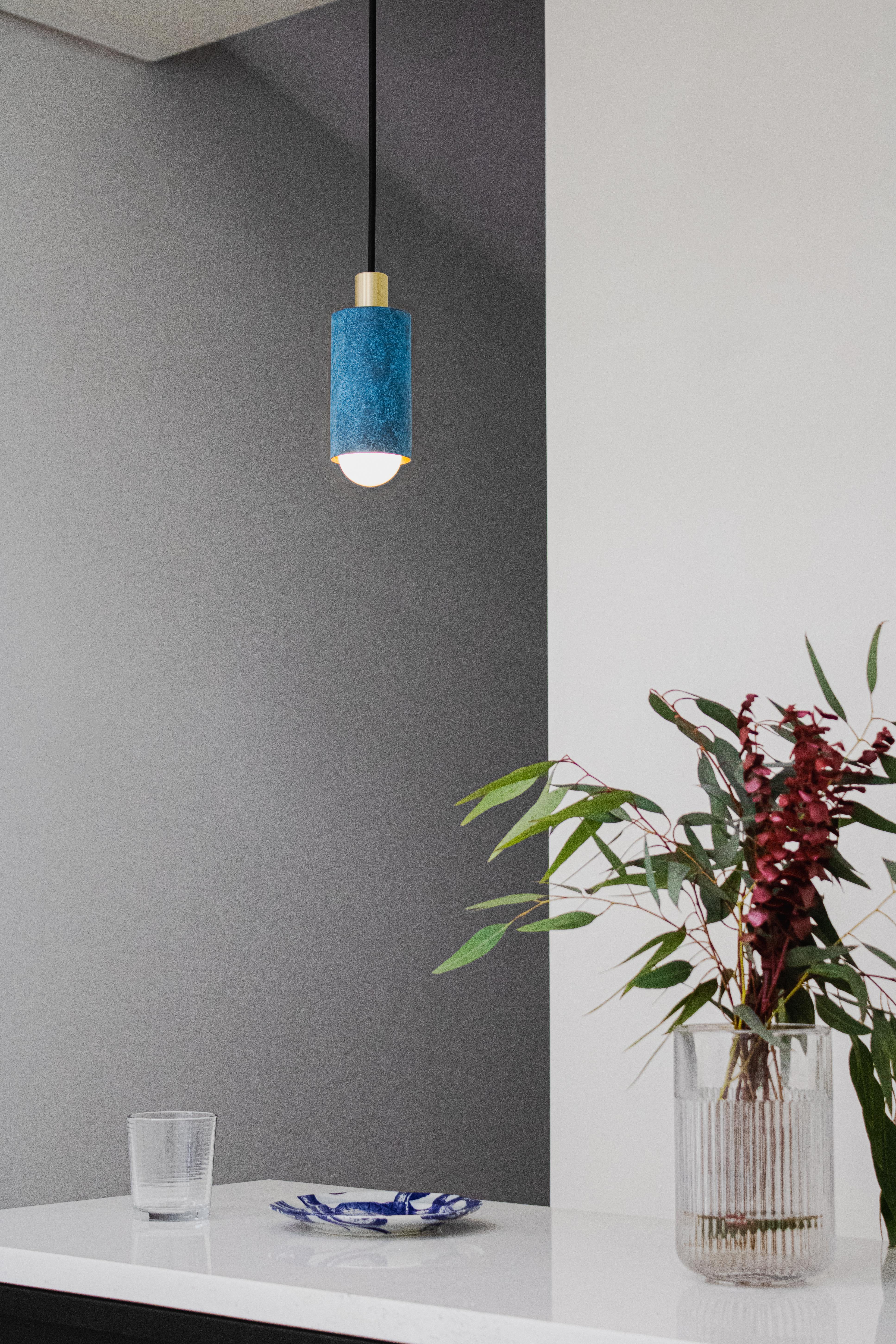 Louise Pendant Light with in Prussian Blue & Satin Brass, Hung with Swag w/ Plug In New Condition For Sale In Brooklyn, NY