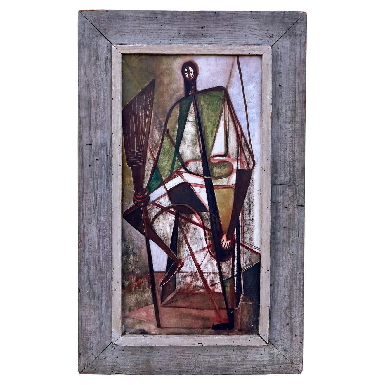 Louise Pershing Figurative Painting - Cubist Figure with Broom