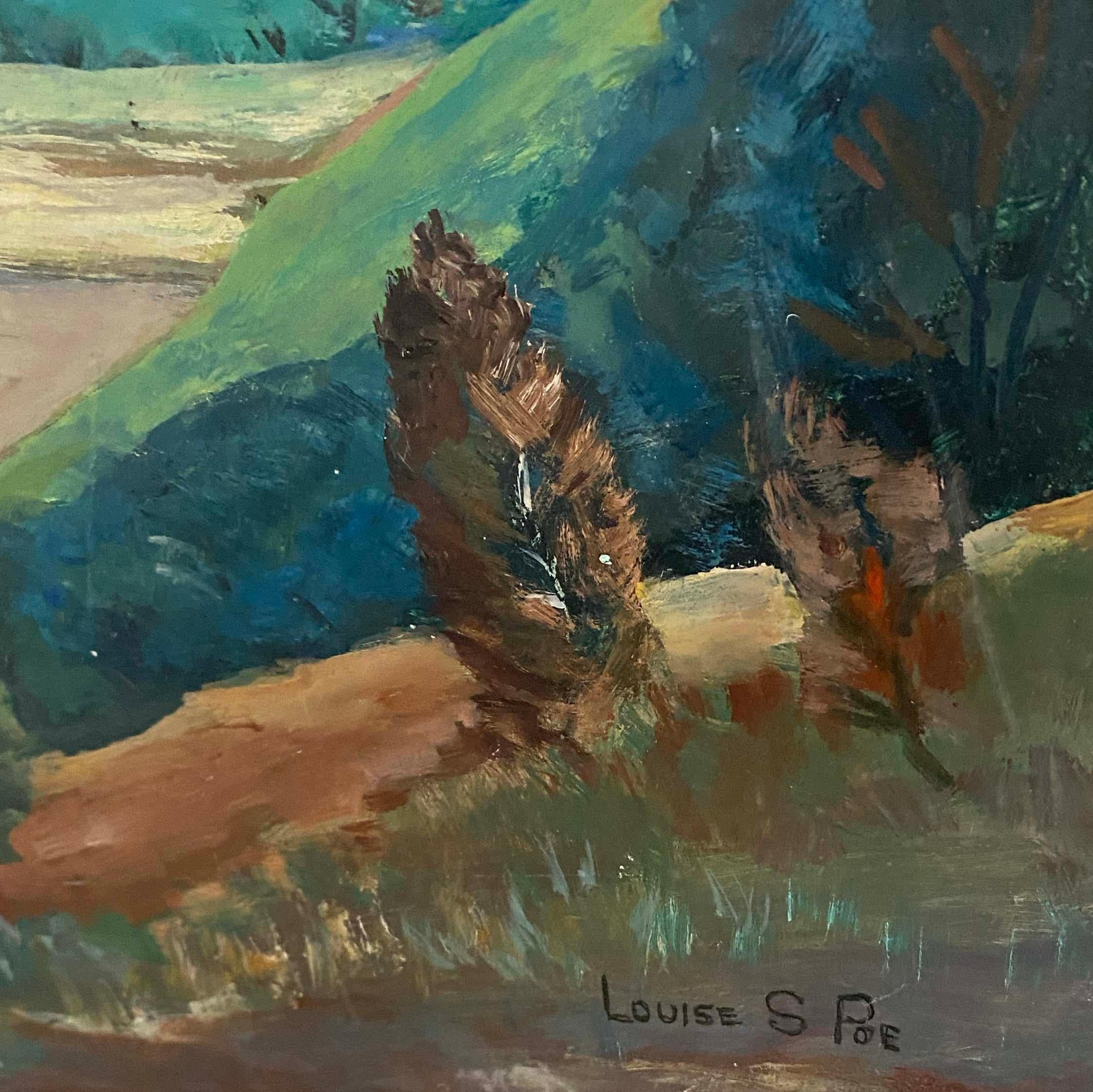 Peinture à l'huile de paysage moderniste américaine encadrée, Ohio, début de l'automne 1940 - Modernisme américain Painting par Louise Poe
