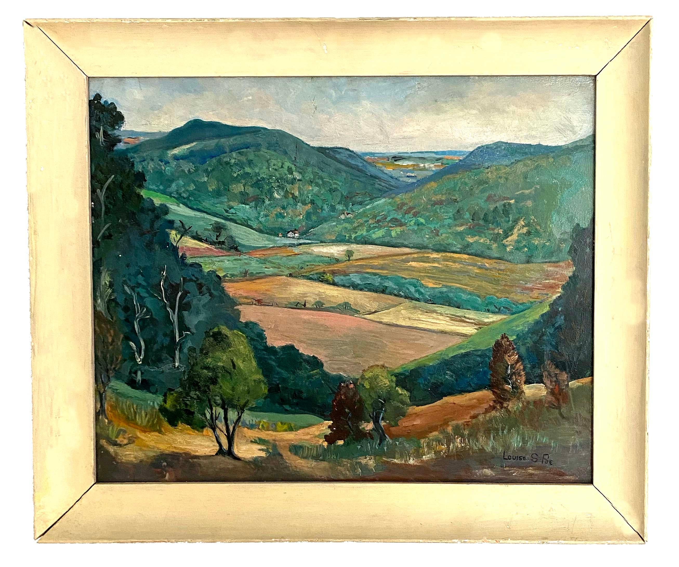 Landscape Painting Louise Poe - Peinture à l'huile de paysage moderniste américaine encadrée, Ohio, début de l'automne 1940