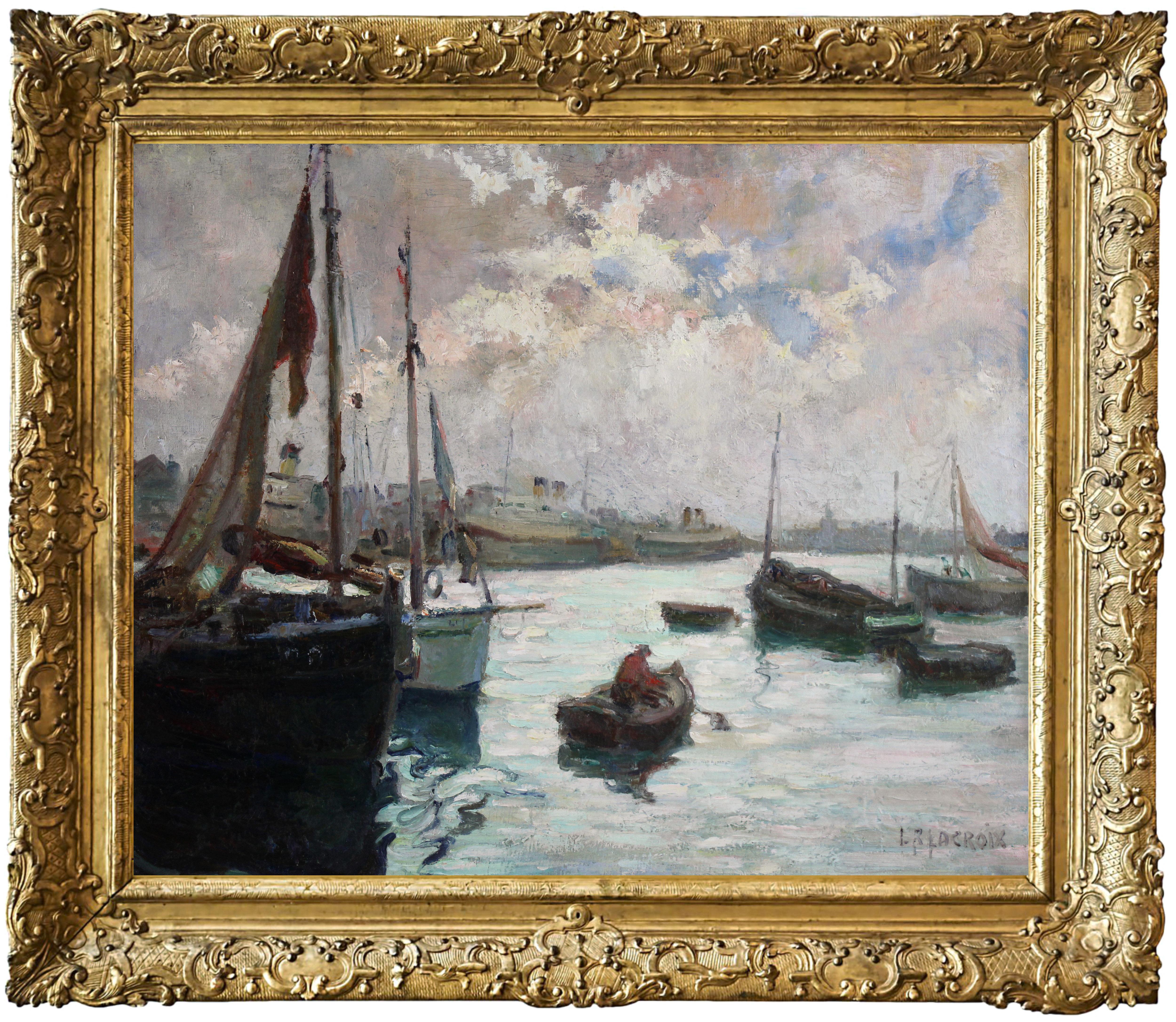 Louise Renée LACROIX  Landscape Painting – Französisches Ölgemälde auf Leinwand " Lebhafte Hafenszene in Dieppe ".