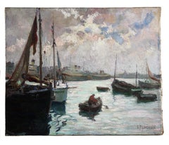Louise Renée Lacroix, impressionista francese. Dipinto a olio “Il porto di Dieppe”, 1924