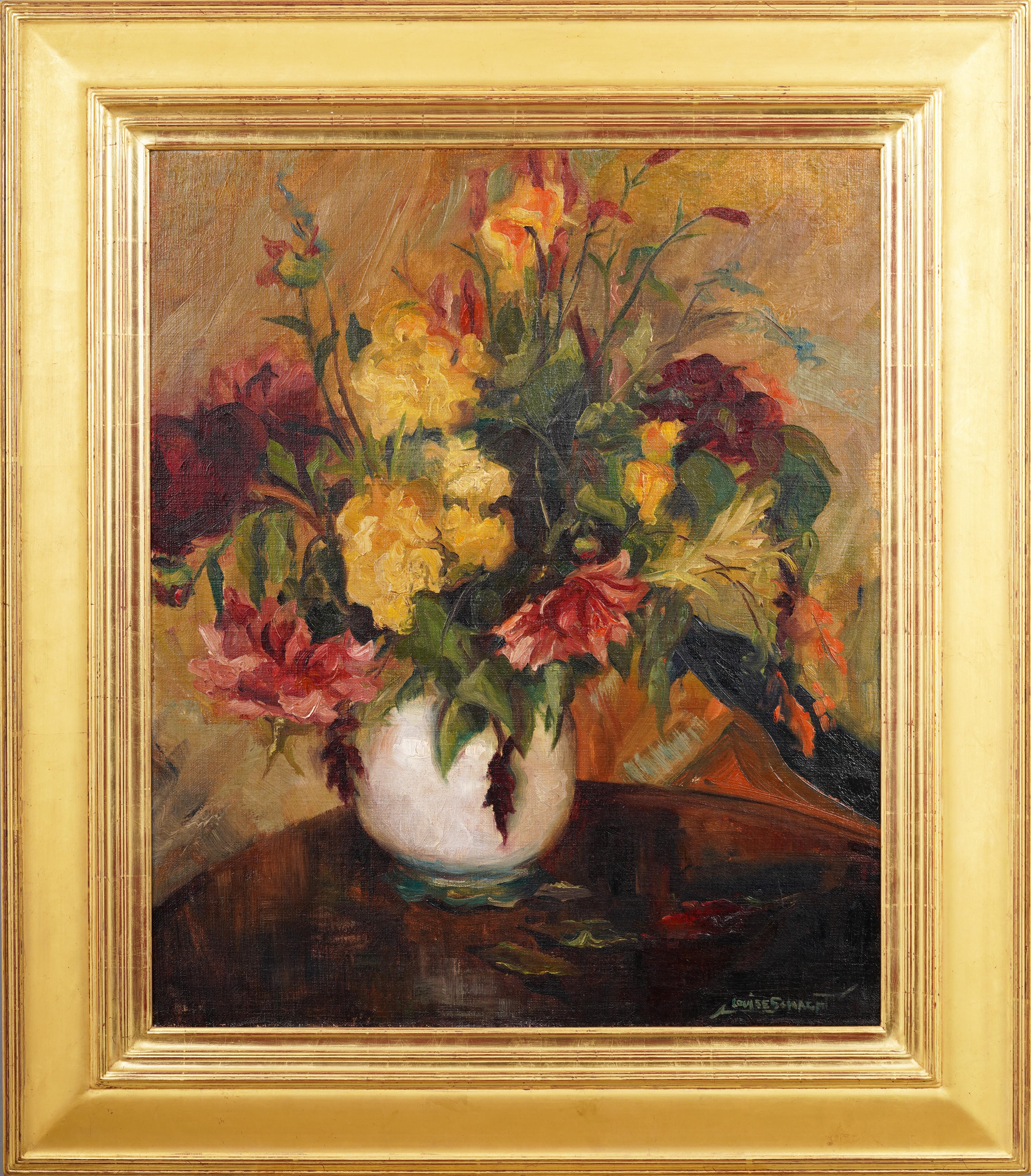 Antique impressionist flower still life painting.  Nice detail and thick impasto. 
 Oil on canvas.  Housed in a stunning gold leaf Paul Carter Goodnow frame.  