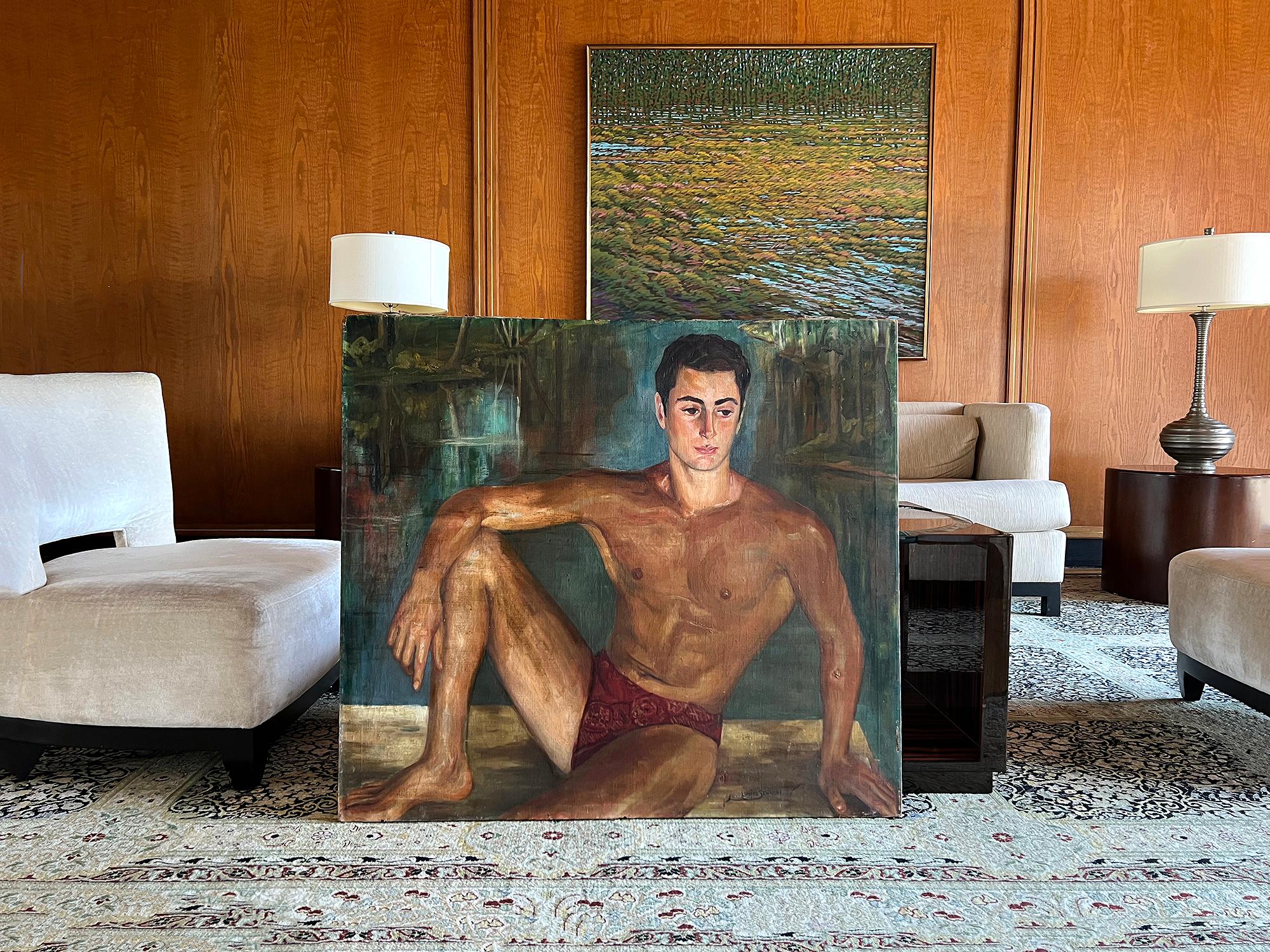 Nude Man In Bathing Suit,  Male Nude in Speedo, Gay art,  Sex appeal - Naturalistic Painting by Louise Schacht
