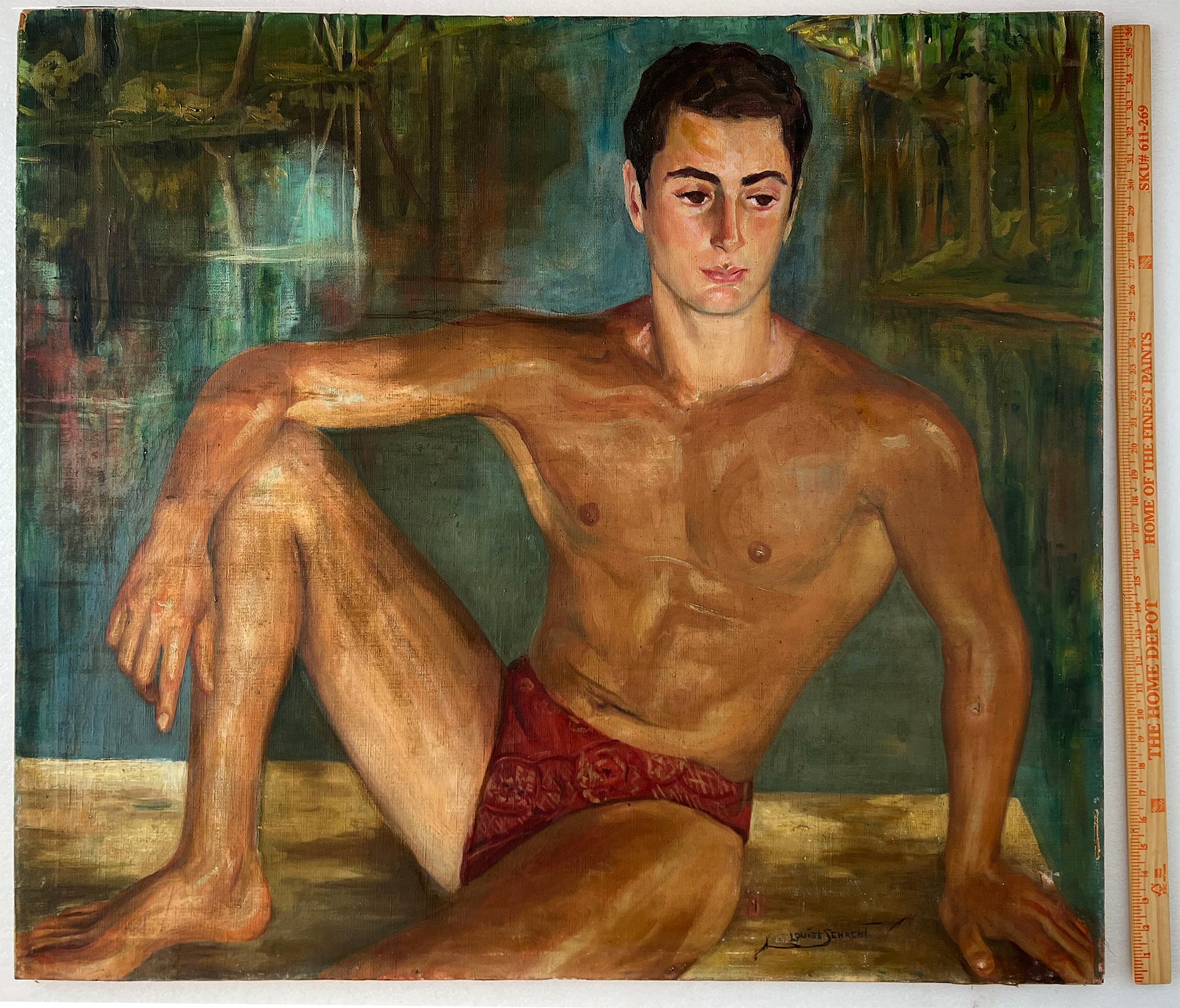 Nude Man In Bathing Suit,  Male Nude in Speedo, Gay art,  Sex appeal - Brown Nude Painting by Louise Schacht