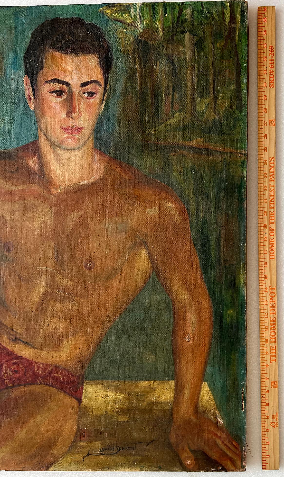A handsome and fit young man with an introspective gaze is depicted in a  Speedo Bathing suit as he sits against a tropical lake. The work is unframed and in fair to poor condition but has soul and sex appeal to it. 
Louise Schacht was born on