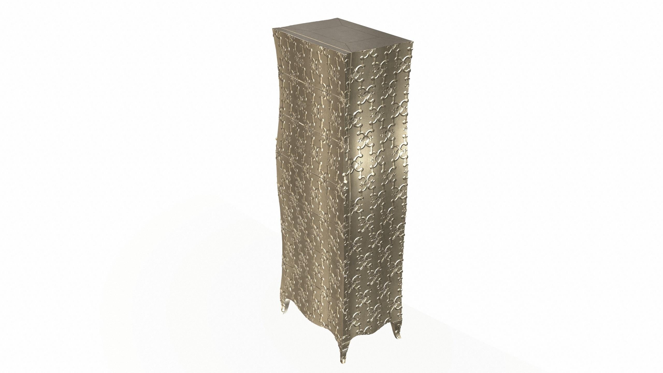 Contemporary Louise Semainier Corner Cupboards in  Mid. Hammered Brass by Paul Mathieu For Sale