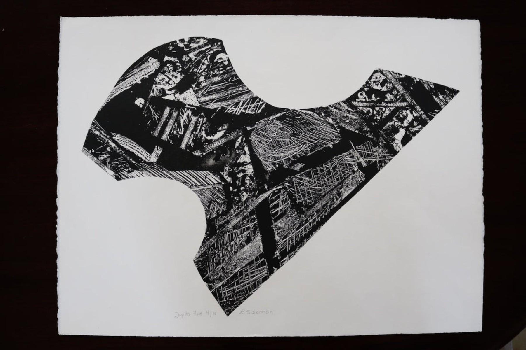 An otherworldly, black and white lithograph in a jigsaw puzzle piece shape, enclosed by negative. Signed L. Siekman. Unframed.