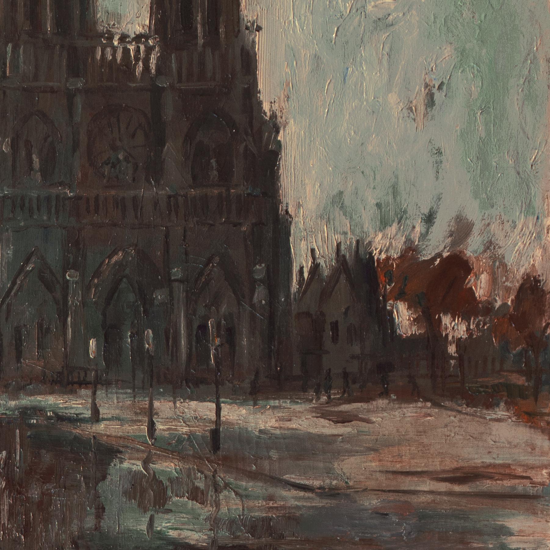 'Paris, Notre Dame after the Storm', Salon des Artistes Français, Woman Artist - Black Landscape Painting by Louise Sourdy 