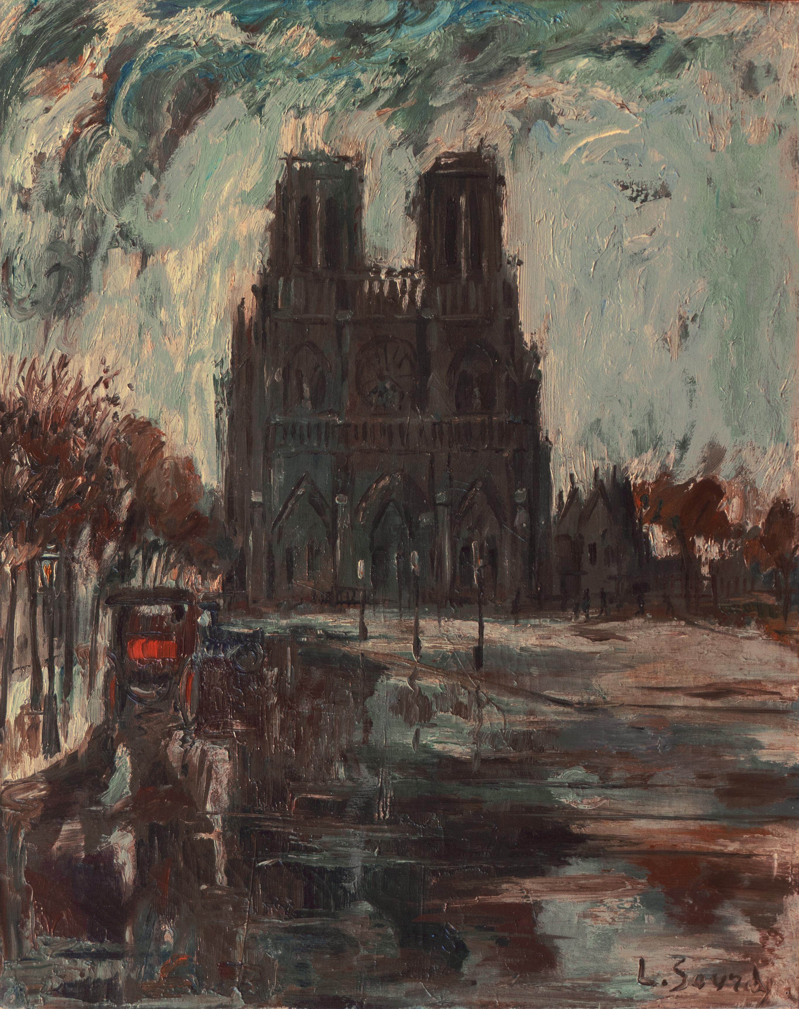 'Paris, Notre Dame after the Storm', Salon des Artistes Français, Woman Artist - Painting by Louise Sourdy 