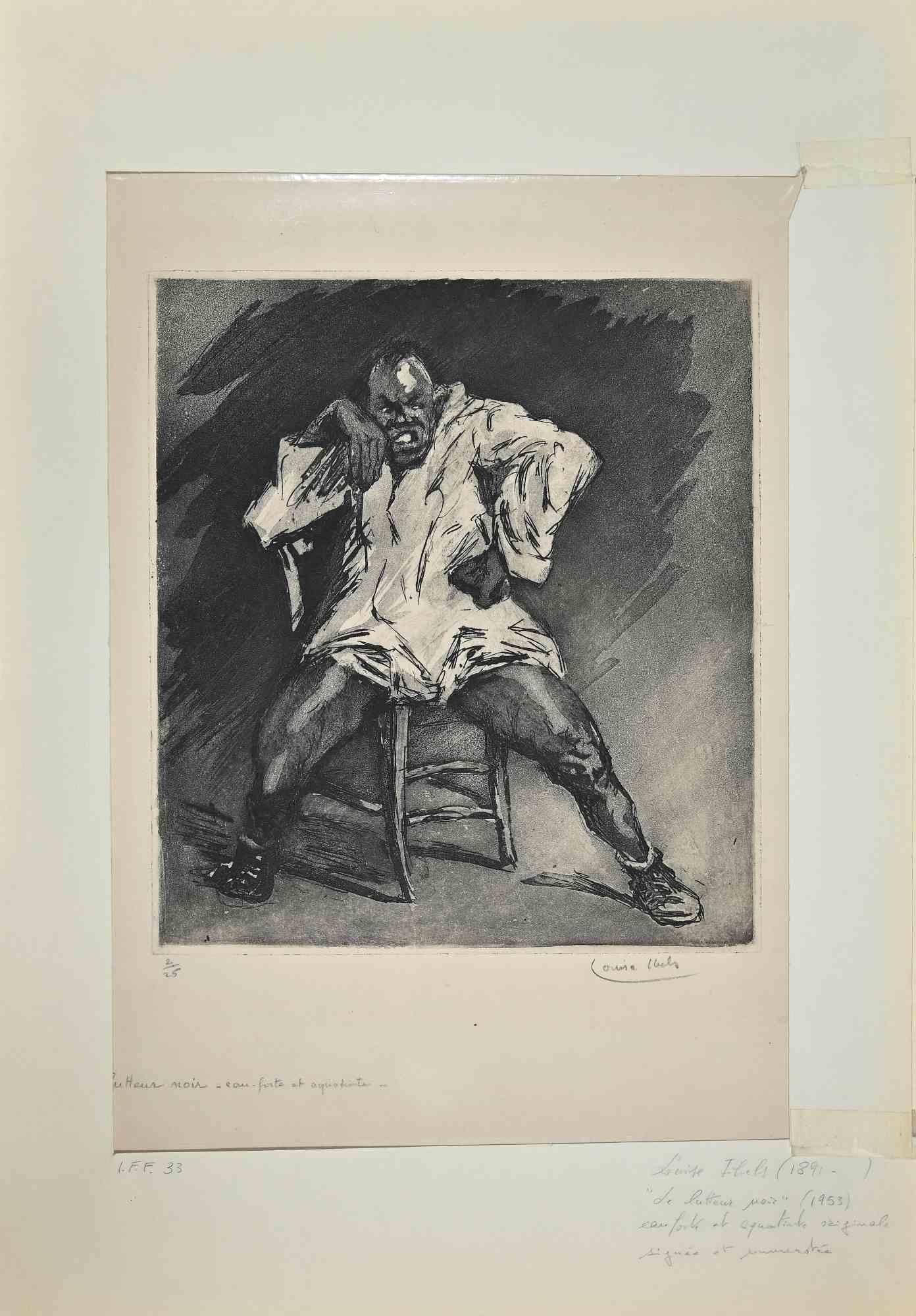 Black Fighter is an Etching realized by Louise Thels in 1953.

The artwork is in good condition on a yellowed paper, included a cardboard passpartout (55x37.5 cm).

Hand-signed by the artist on the lower right corner.

Numbered 2/25 on the lower