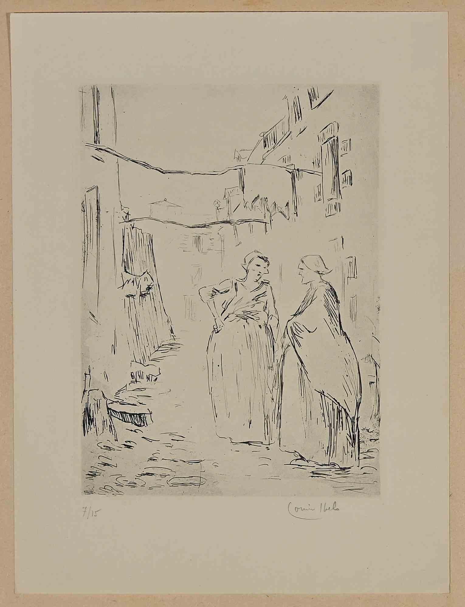Women in Trouble is an Original Etching realized by Louise Thels in 1925.

The artwork is drawn directly on copper by the artist, first state test on paper.

Produced in 15 copies, before the resumption with aquatint, this is n. 7.

Signature  and