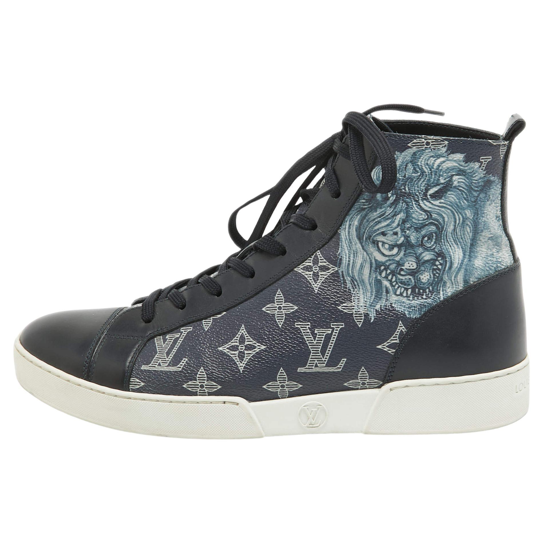 Louise Vuitton Navy Blue Canvas and Leather Match Up Cloth Trainer High Top  For Sale
