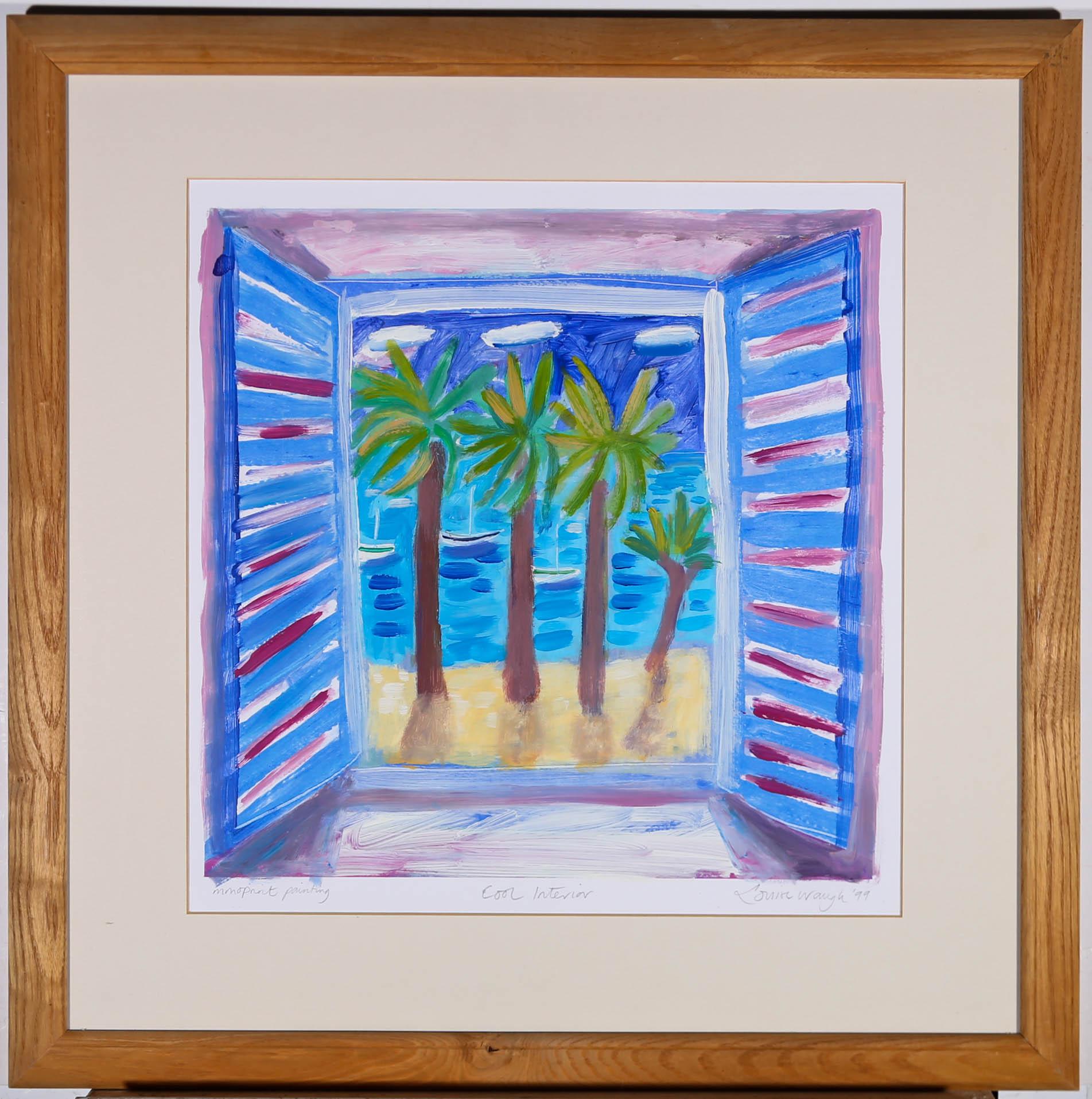 A fun and eye catching artwork, this interior scene is a monoprint base with bright, gestural gouache on top. The artist has signed, dated and inscribed to the lower edge and the artwork has been presented in a wood frame with card mount. On