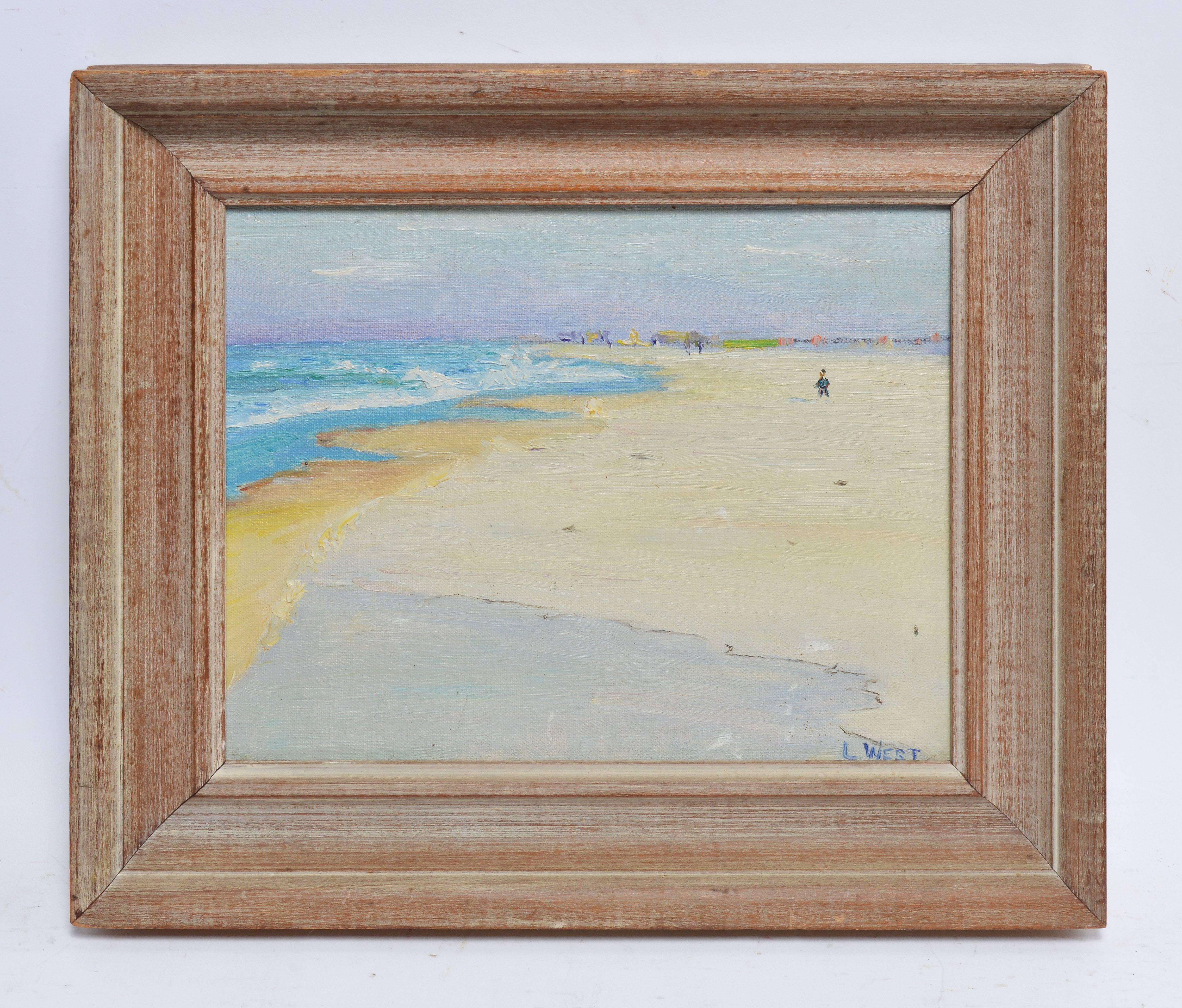 Impressionist view of beach with figures by Louise West.  Oil on board, circa 1920.  Signed.  Displayed in a greywood frame.  Image size, 10