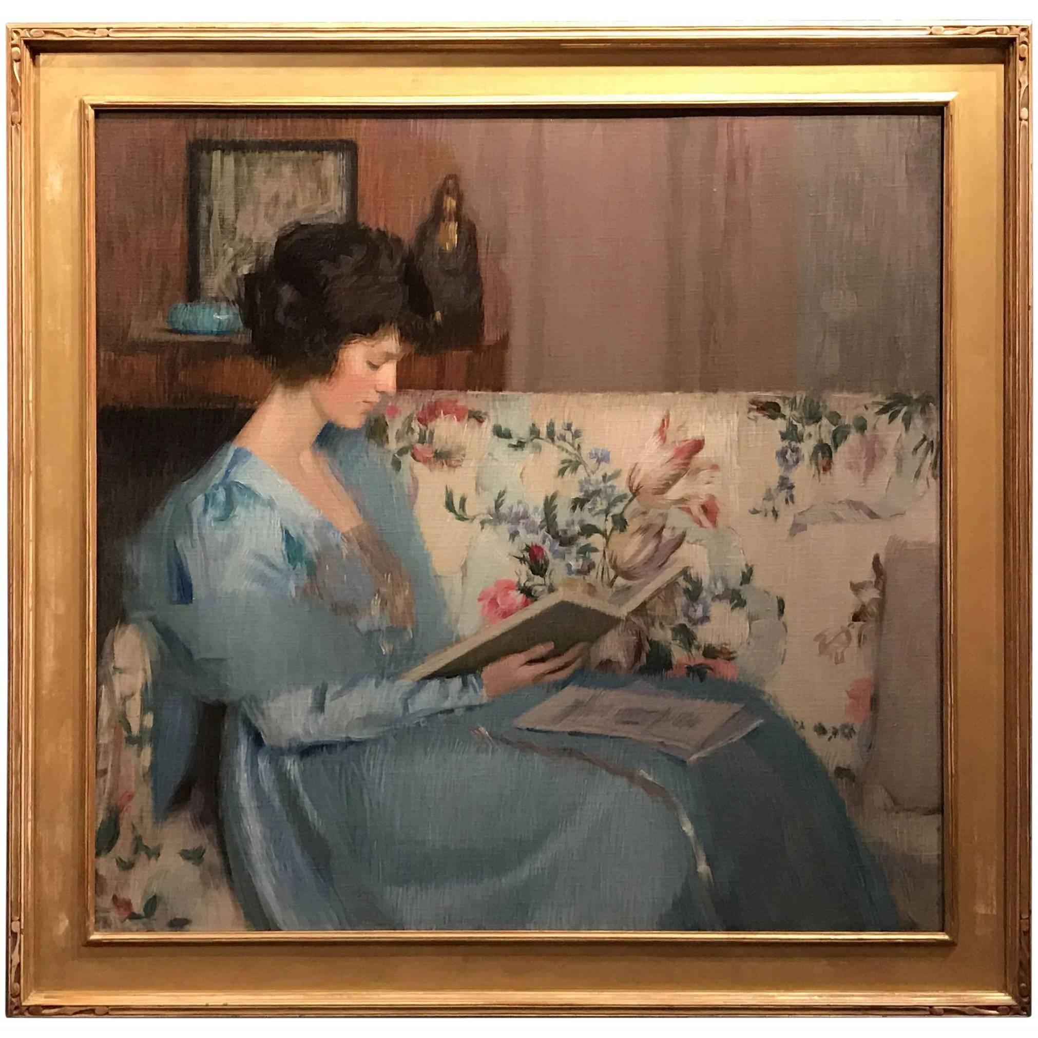 Louise Williams Jackson Portrait Painting - Portrait of a Woman Reading a Book on a Sofa