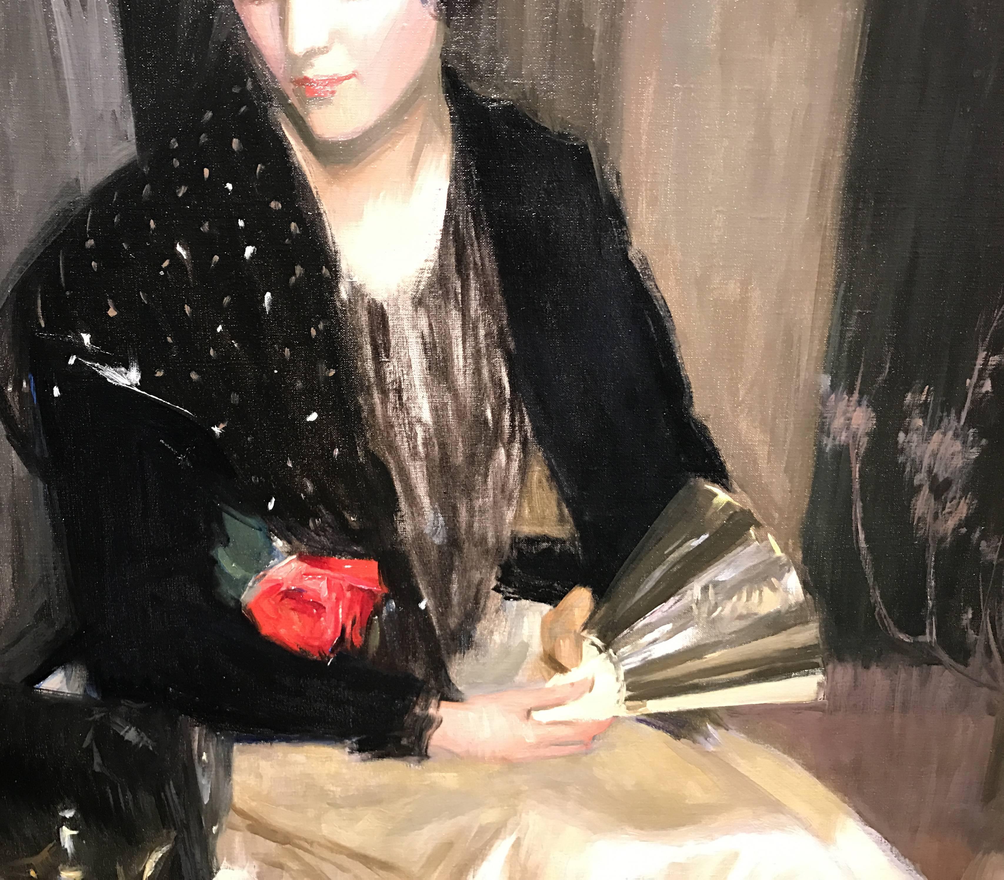 This exceptional portrait of a woman with a fan and rose was painted by American artist Louise Williams Jackson (1872-1939). Born in Newton, Massachusetts in 1872. She and her family moved to Minnesota when she was young, for several years, as her