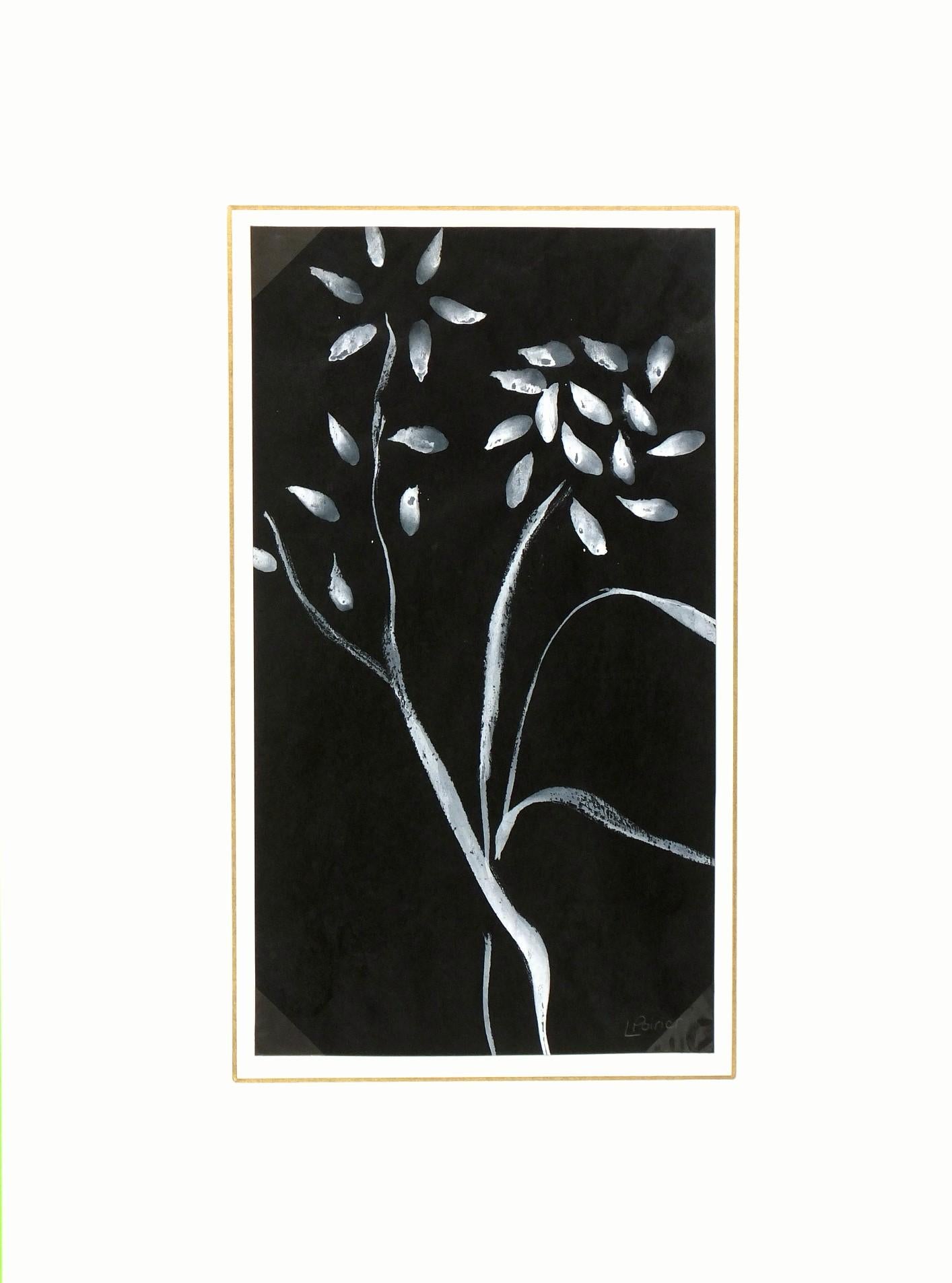 French painting of minimalistic white flowers against a rich black background by artist Louisette Poirier, circa 1960. Poirier's sheer gentle brushstrokes lend a soothing quality to the image. Signed lower right.

Original artwork on paper displayed