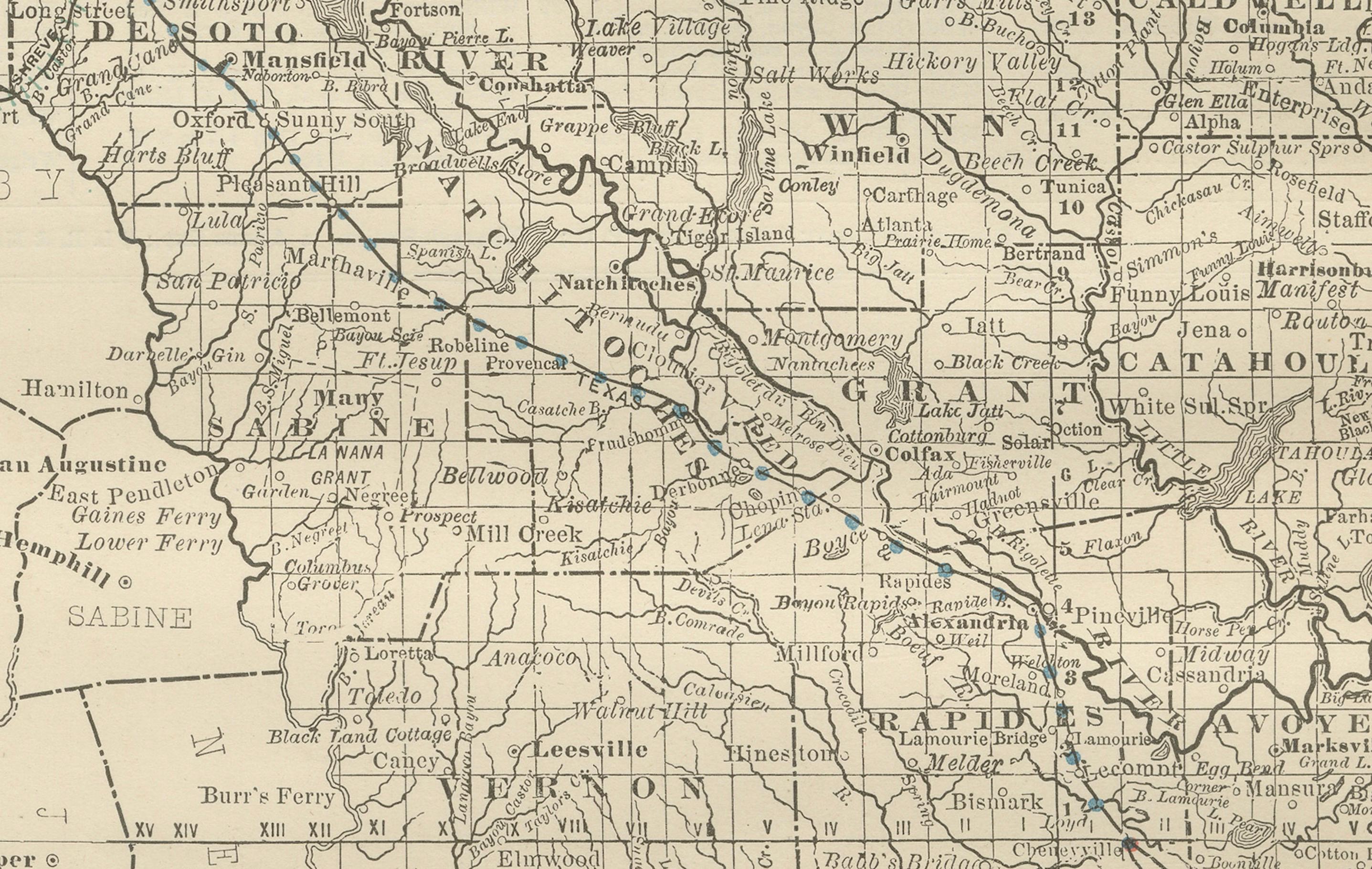American Louisiana Antique Map 1888 – The Pelican State, Railroads & Counties For Sale