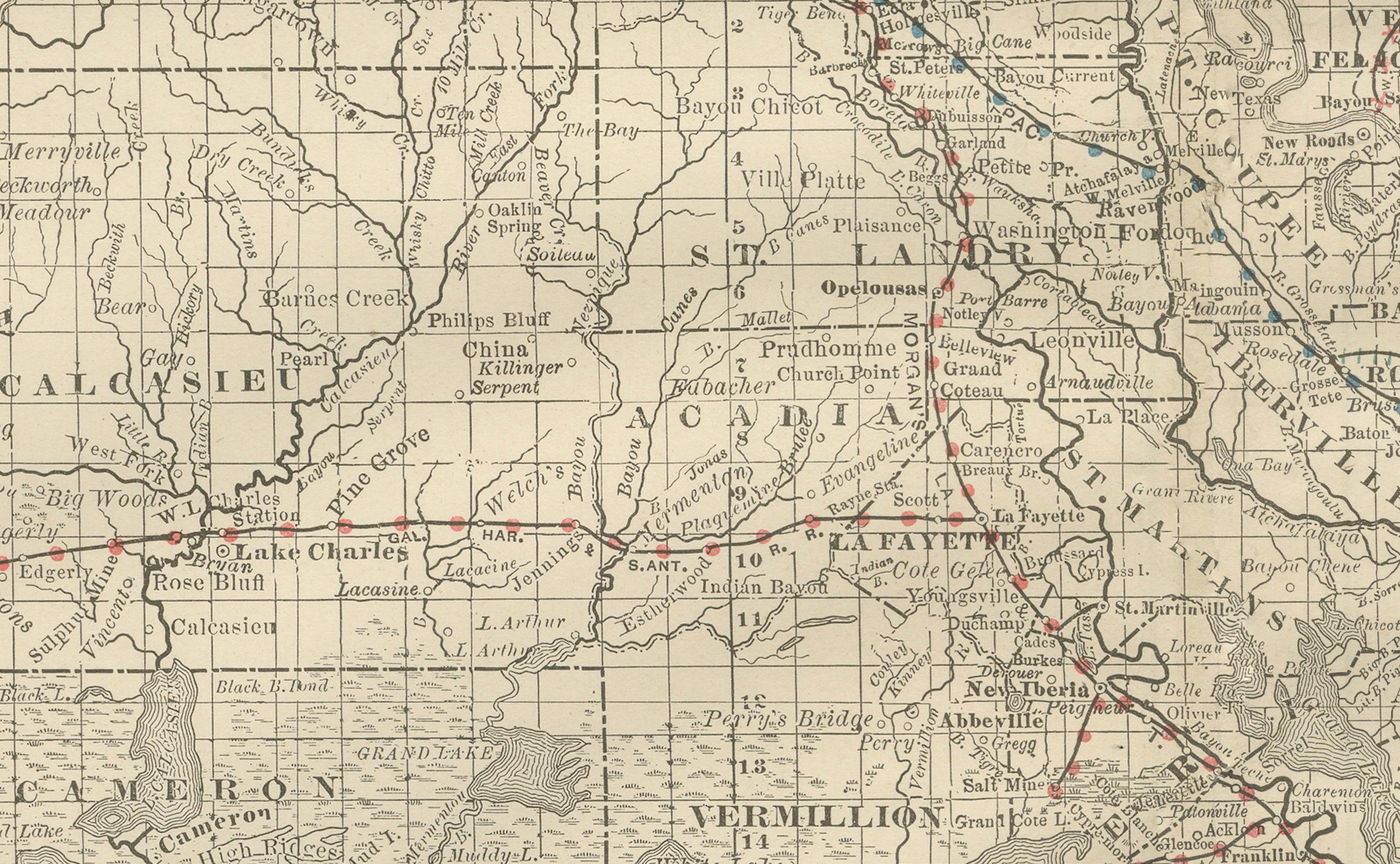 Engraved Louisiana Antique Map 1888 ��– The Pelican State, Railroads & Counties For Sale