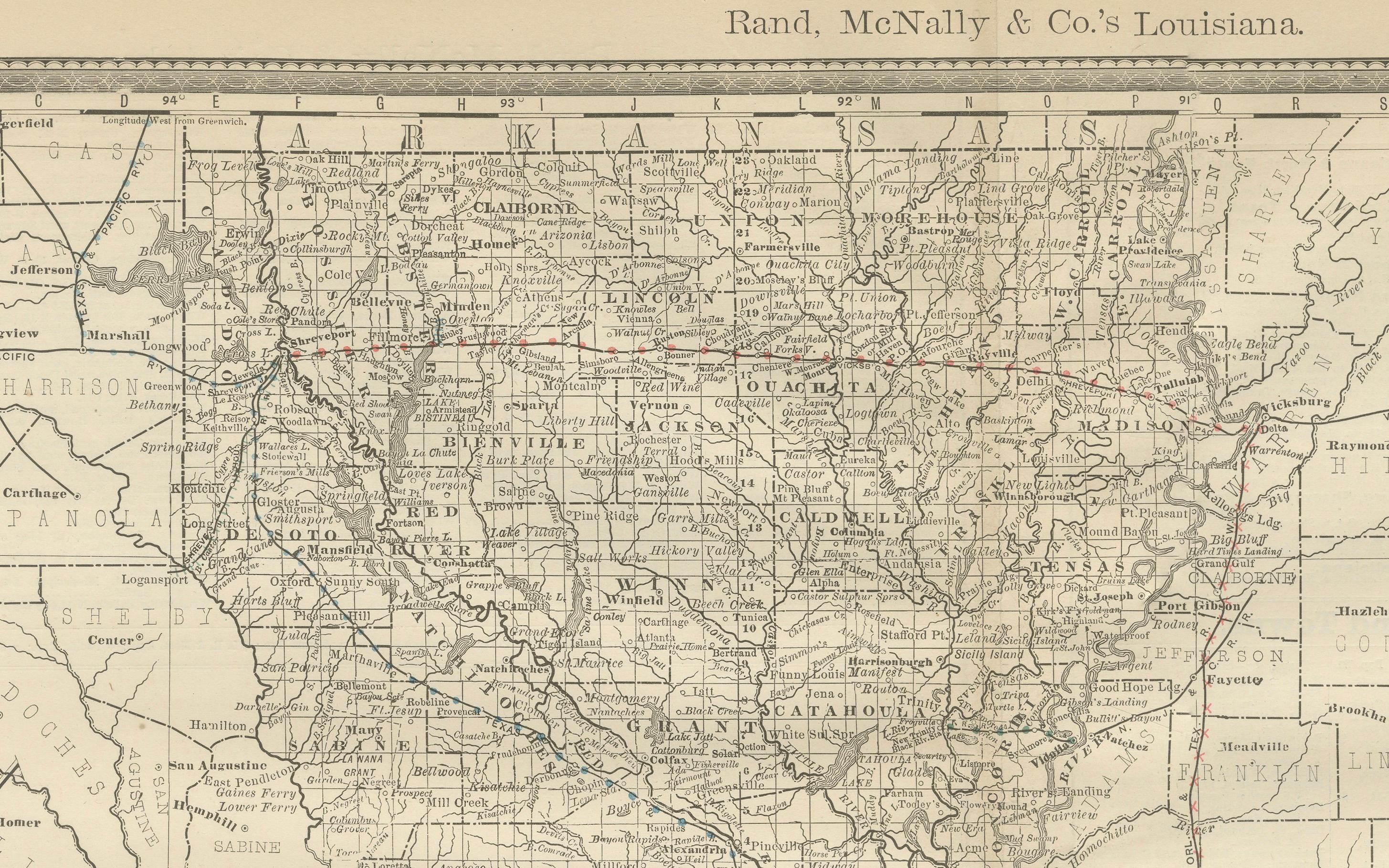 Louisiana Antique Map 1888 – The Pelican State, Railroads & Counties In Good Condition For Sale In Langweer, NL