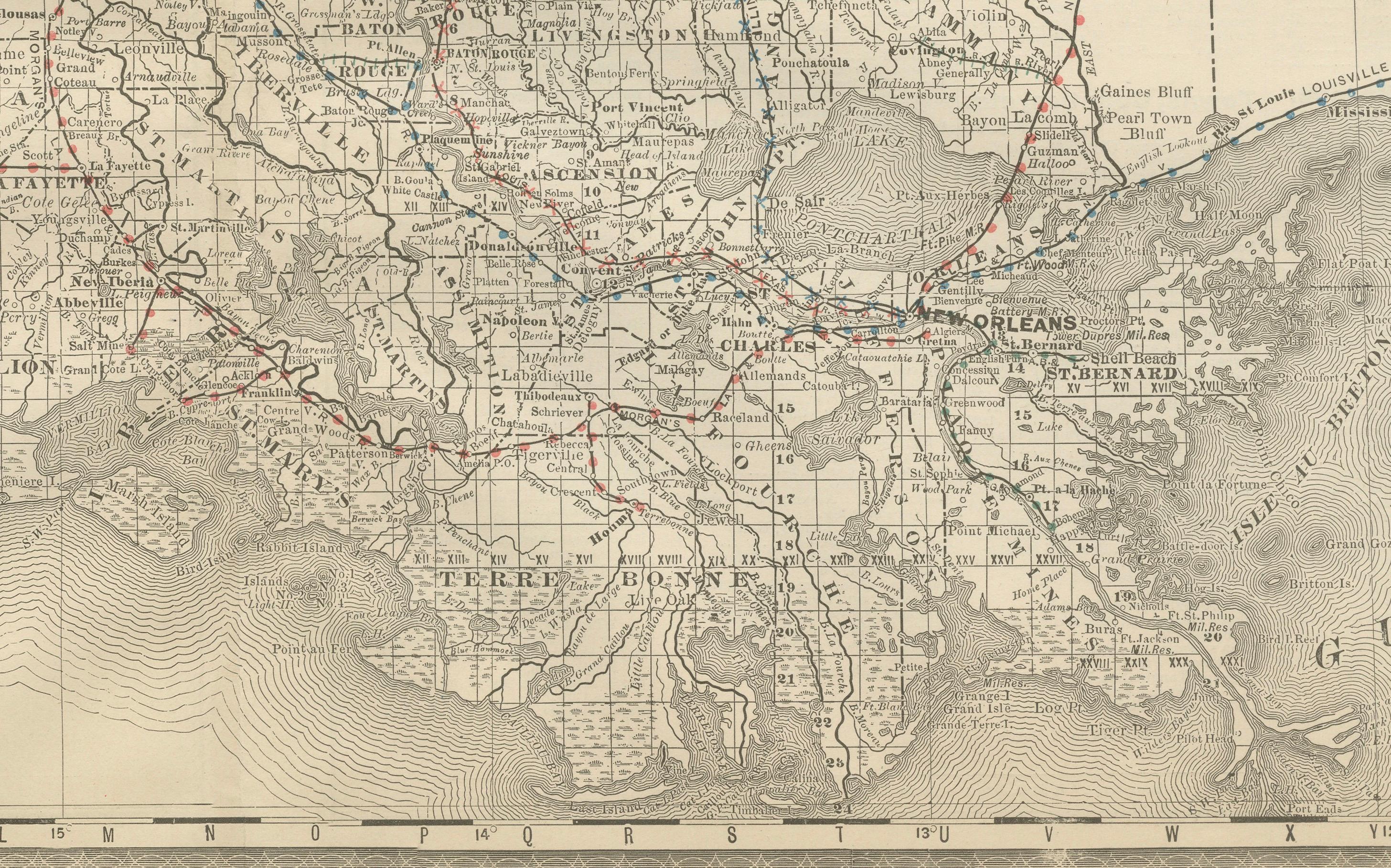 Louisiana Antique Map 1888 – The Pelican State, Railroads & Counties For Sale 1