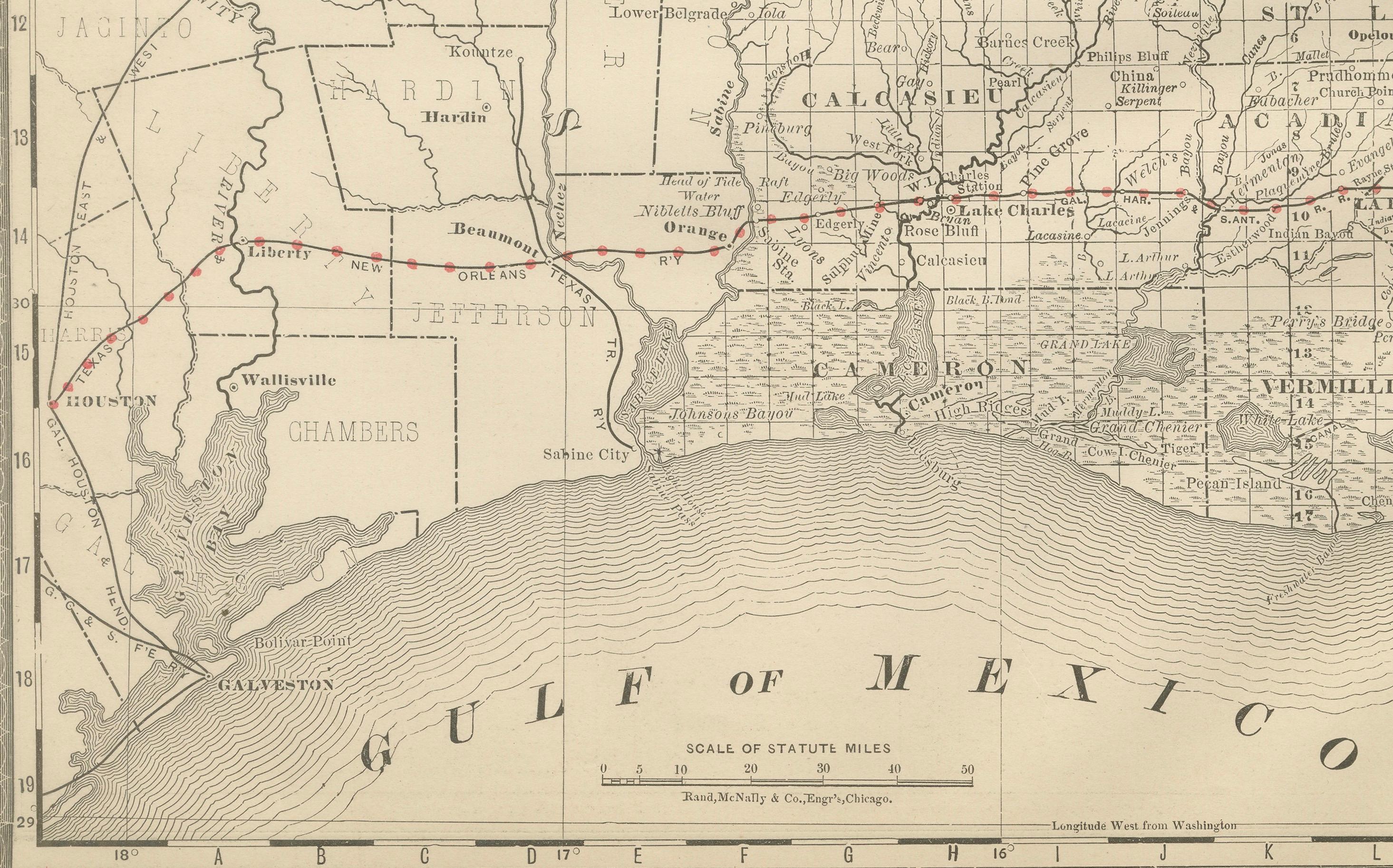 Louisiana Antique Map 1888 – The Pelican State, Railroads & Counties For Sale 2