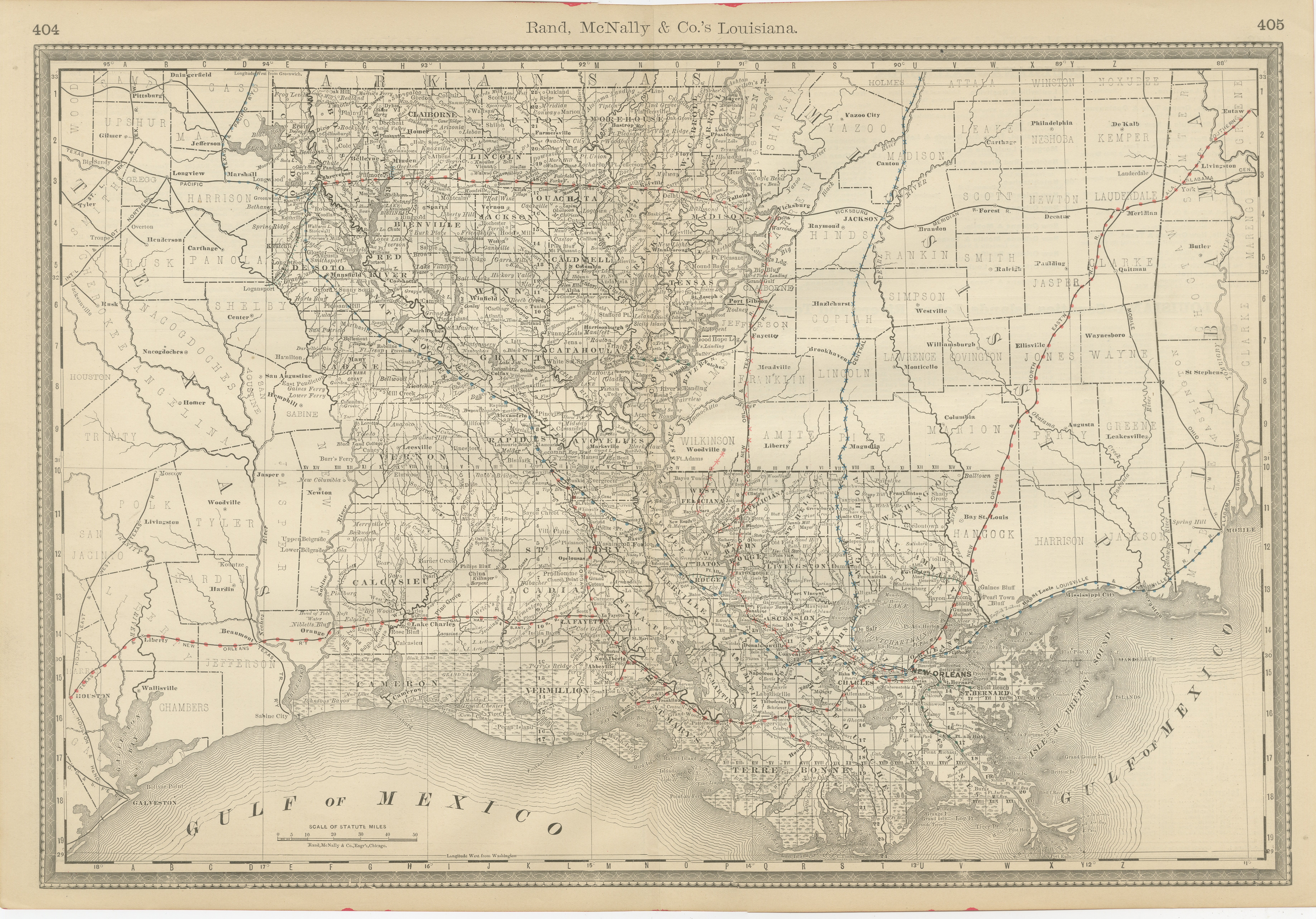 Mappa antica della Louisiana 1888 - Lo Stato del pellicano, ferrovie e contee