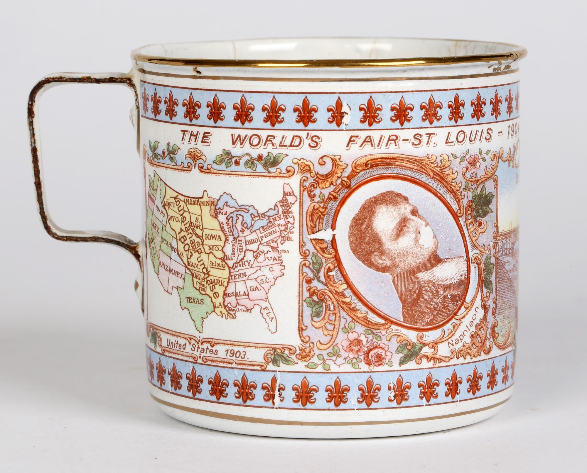 An interesting and unusual Austrian enamel mug commemorating The World's Fair in St Louis in 1904. The mug was made in Austria for Norvell-Shapleigh Hardware Co, St Louis and has portraits of Napoleon and Jefferson set either side of a scene titled