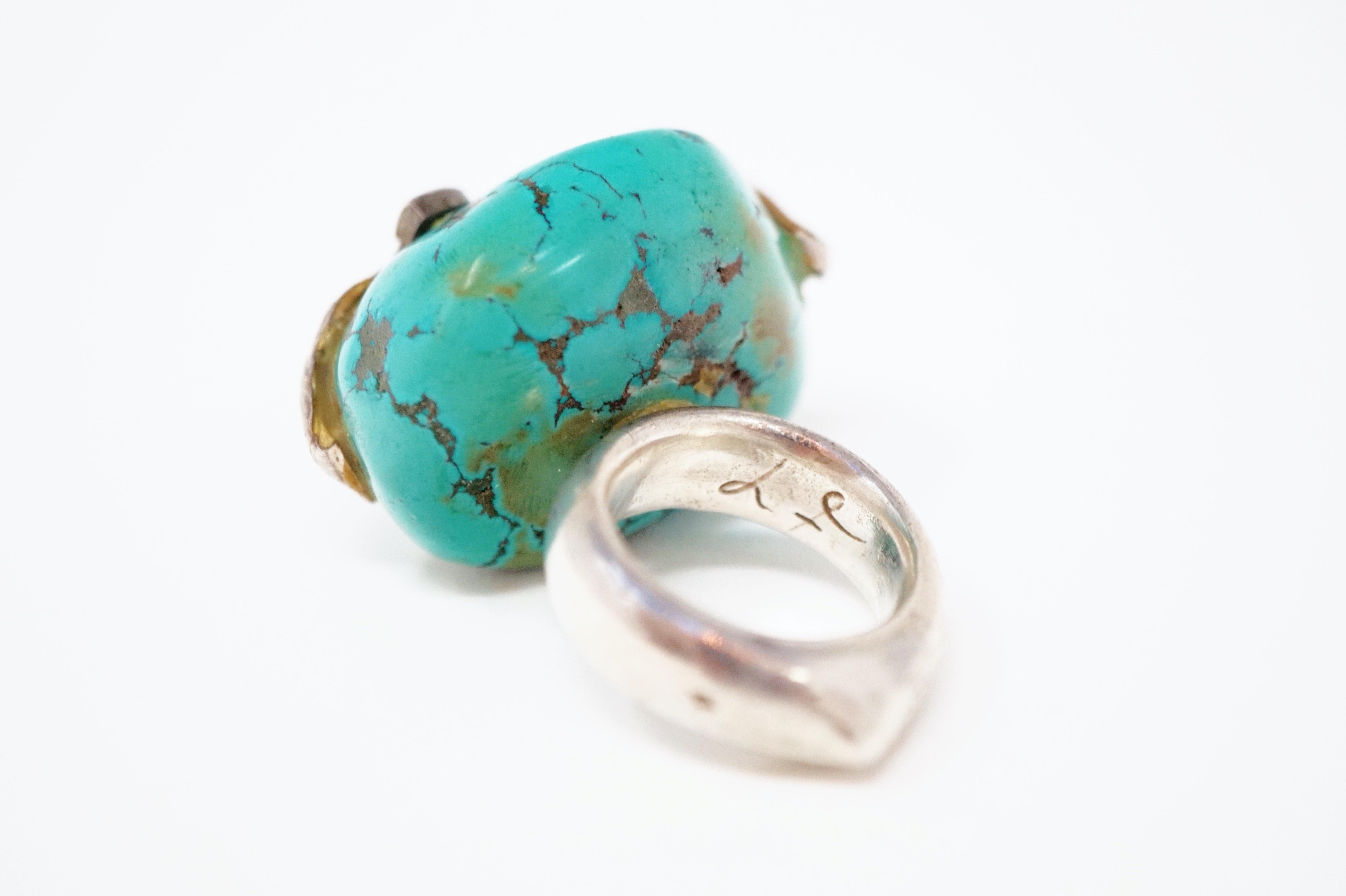 Round Cut Loulou de la Falaise Large Turquoise Cocktail Ring with Gemstone Accents