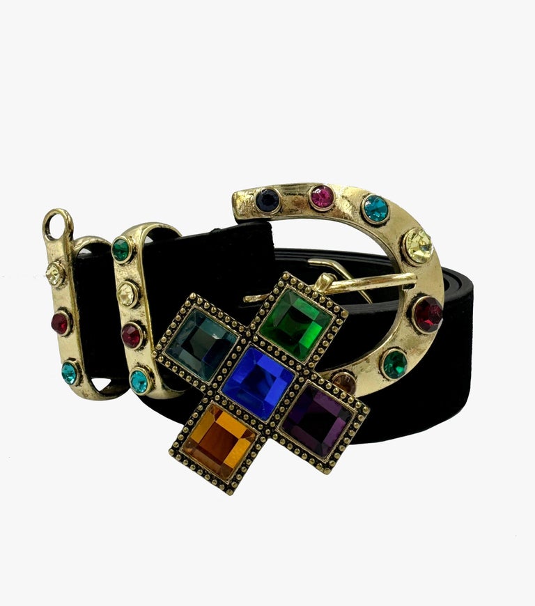 Loulou de la Falaise leather belt with glass cabochons at 
