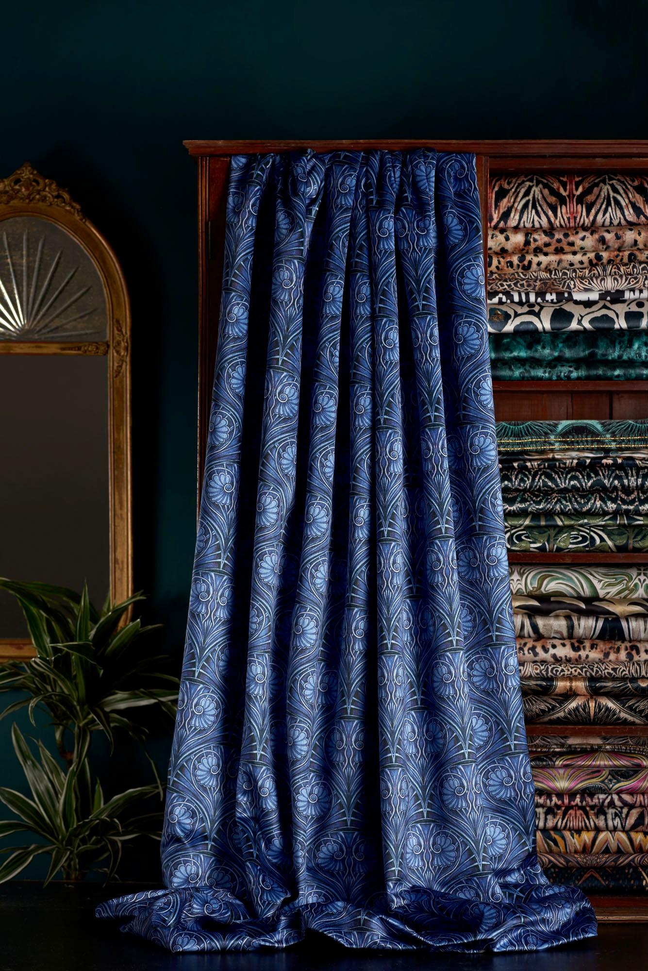 A beautifully immersive design in a vivid electric blue. Picking up on Anna’s love of Art Nouveau, this design was hand painted in a feminine scallop pattern.

This velvet is midweight, with a strong straight woven backing, so is suitable for