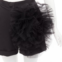 LOULOU STUDIO black oversized tulle flower high waisted cuffed shorts XS