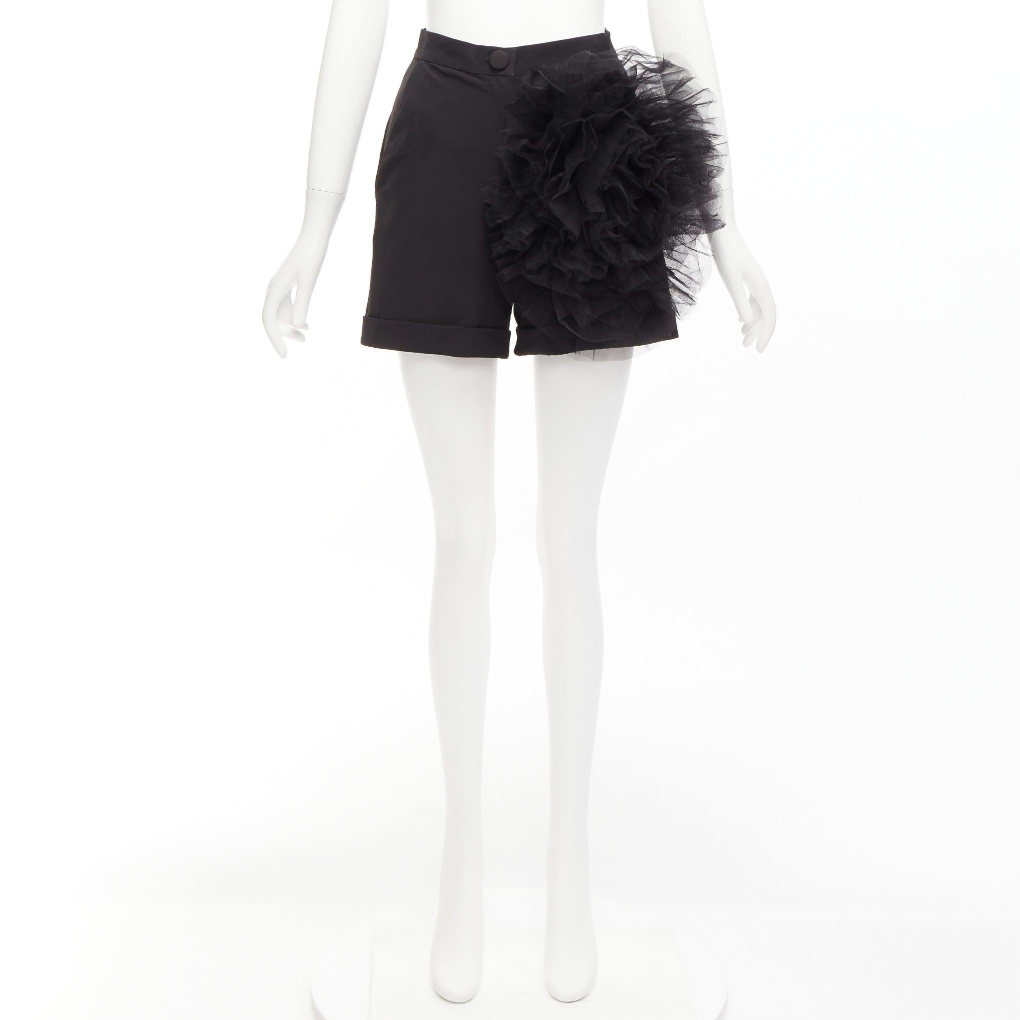 LOULOU STUDIO black oversized tulle flower high waisted cuffed shorts XS For Sale 5