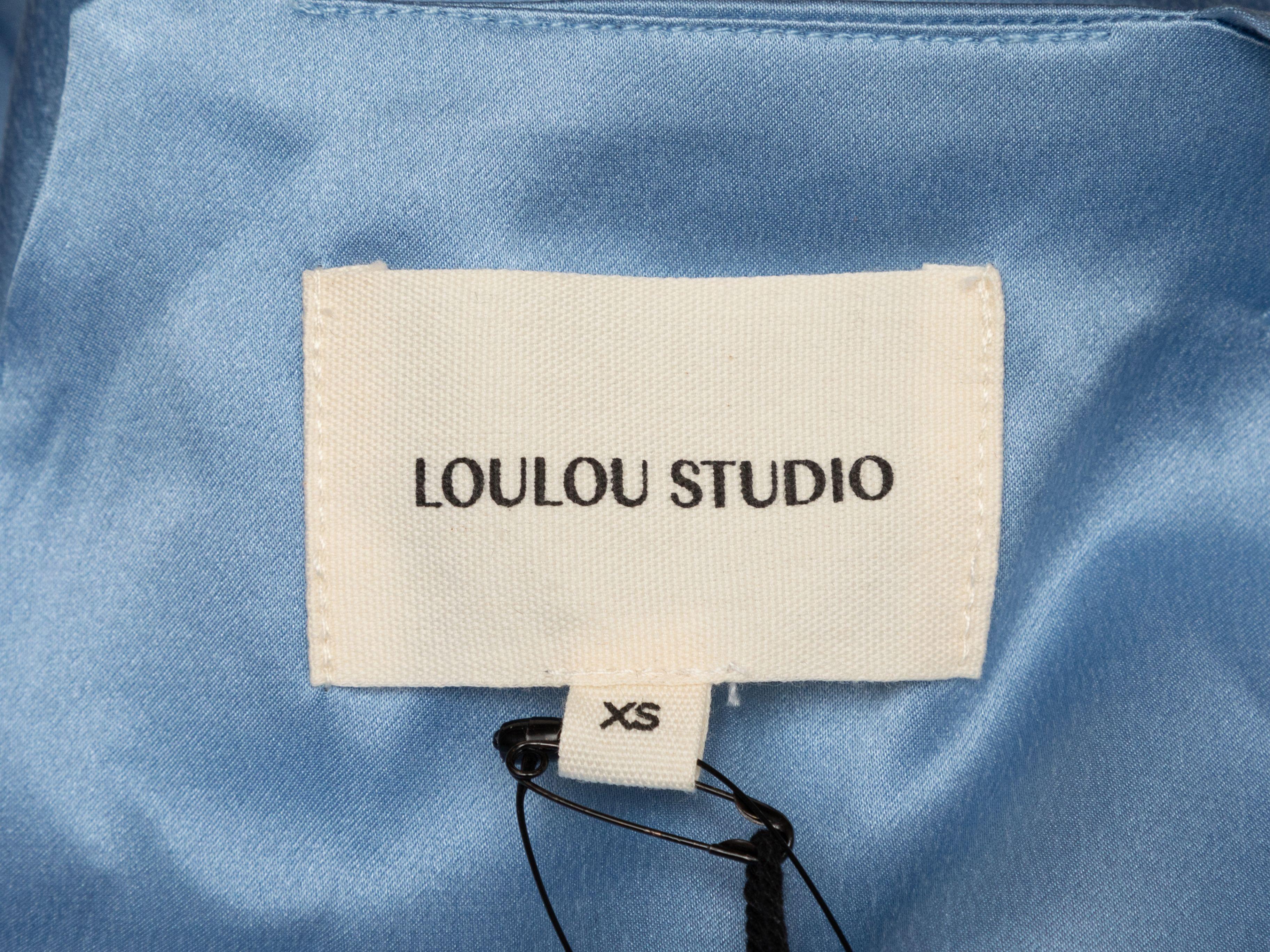 Product Details: Light blue silk sleeveless maxi dress by Loulou Studio. Square neckline. Narrow straps. 30