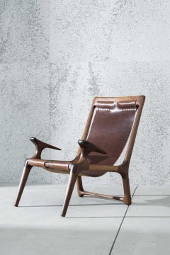 Lounge and Accent Sling Chair, Walnut and Brown Leather by Fernweh Woodworking